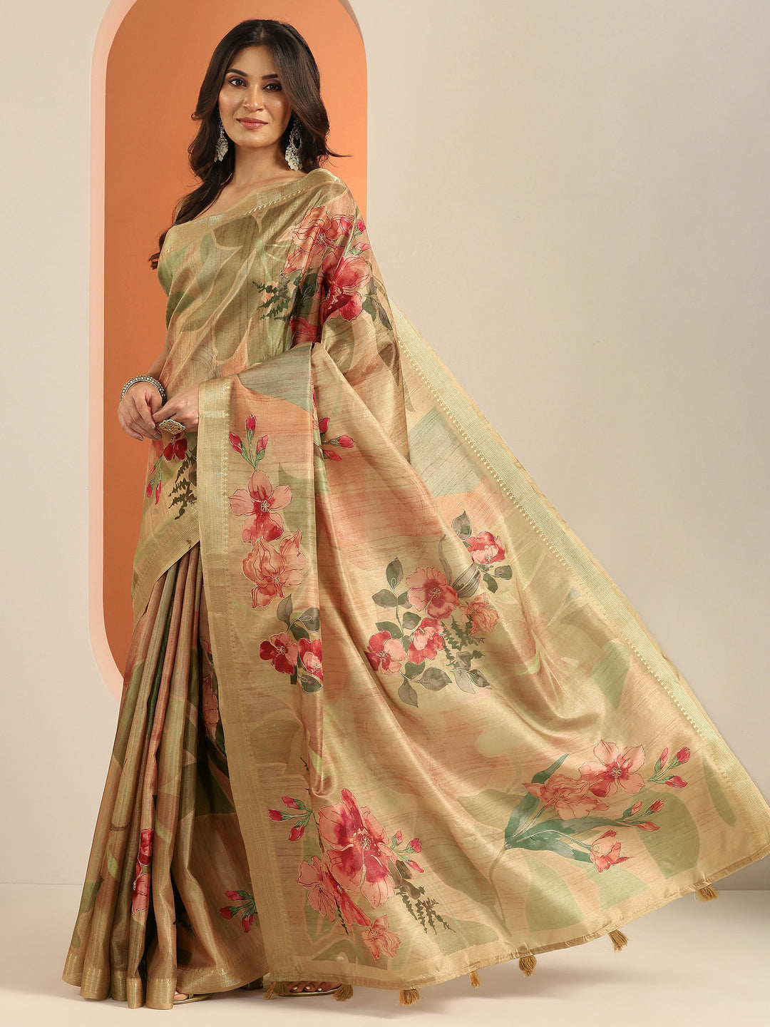  Gold Printed Silk Blend Saree With Unstitched Blouse Piece 