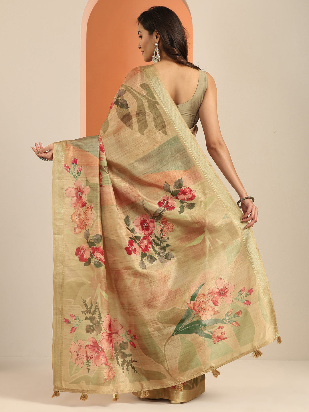  Gold Printed Silk Blend Saree With Unstitched Blouse Piece 