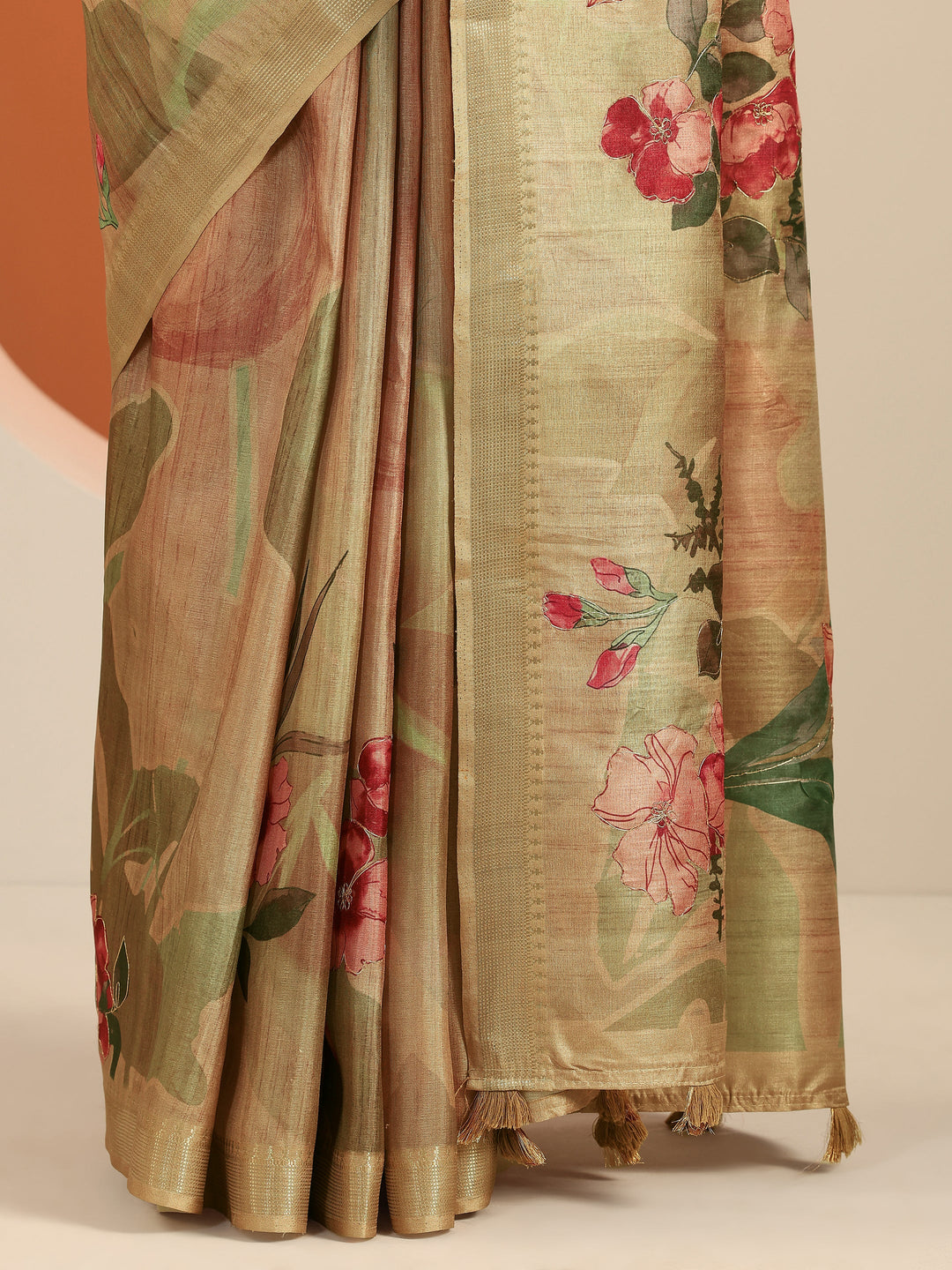  Gold Printed Silk Blend Saree With Unstitched Blouse Piece 