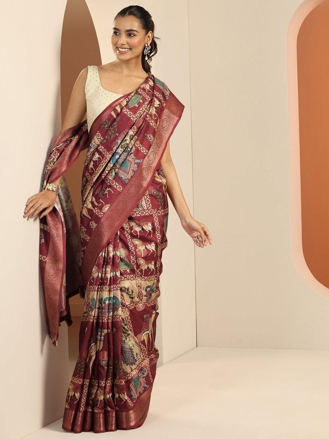  Red Printed Silk Blend Saree With Unstitched Blouse Piece 