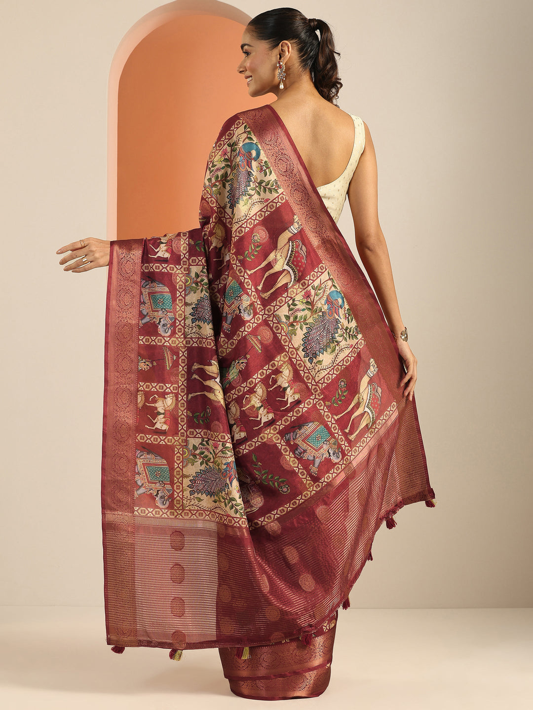  Red Printed Silk Blend Saree With Unstitched Blouse Piece 
