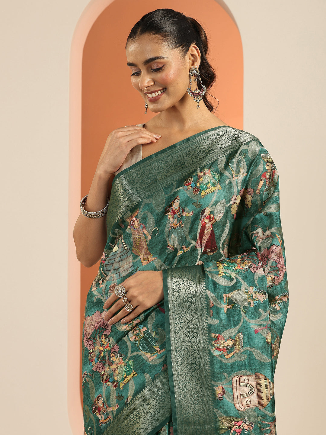  Teal Printed Silk Blend Saree With Unstitched Blouse Piece 