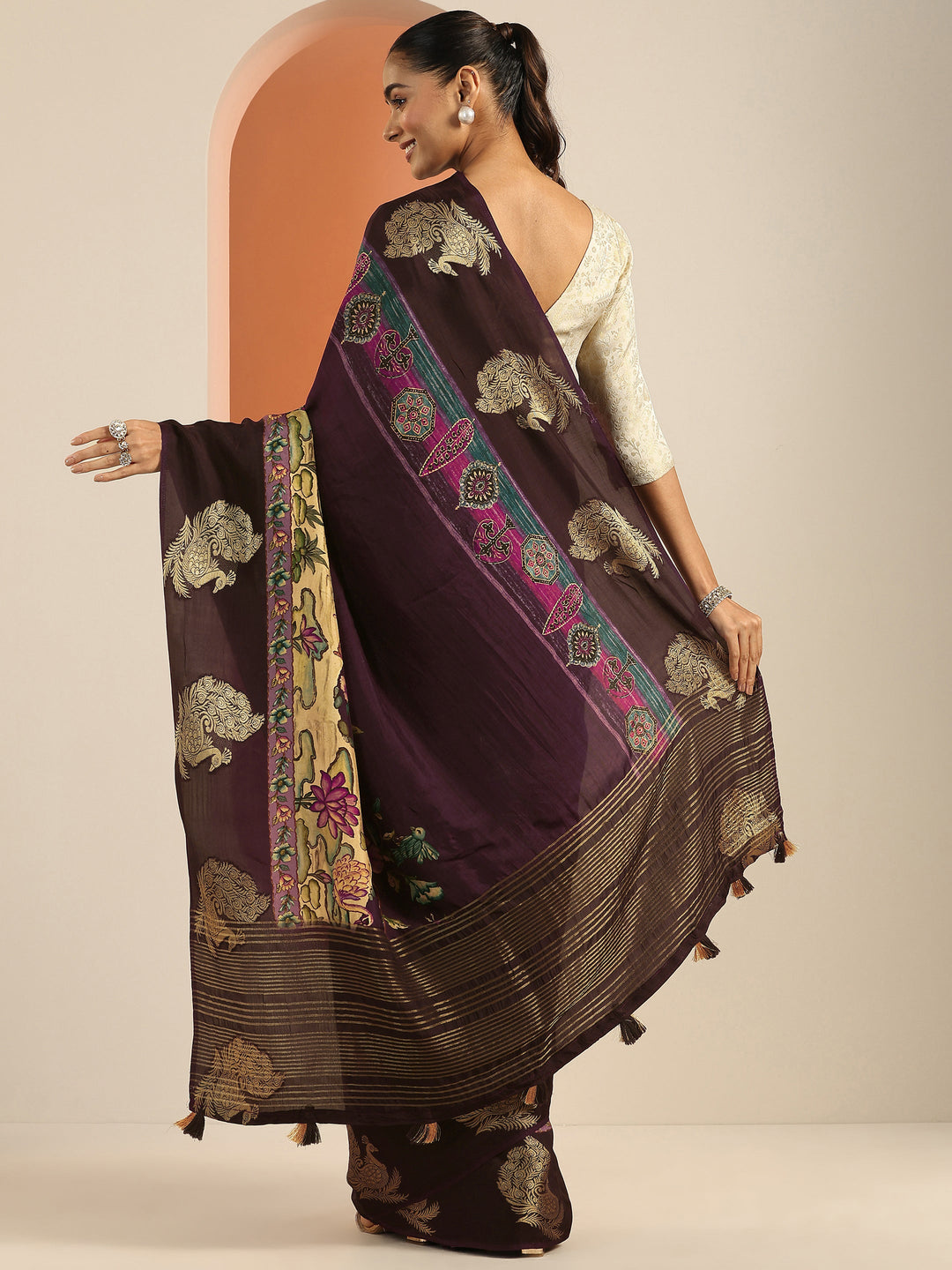  Burgundy Printed Silk Blend Saree With Unstitched Blouse Piece 