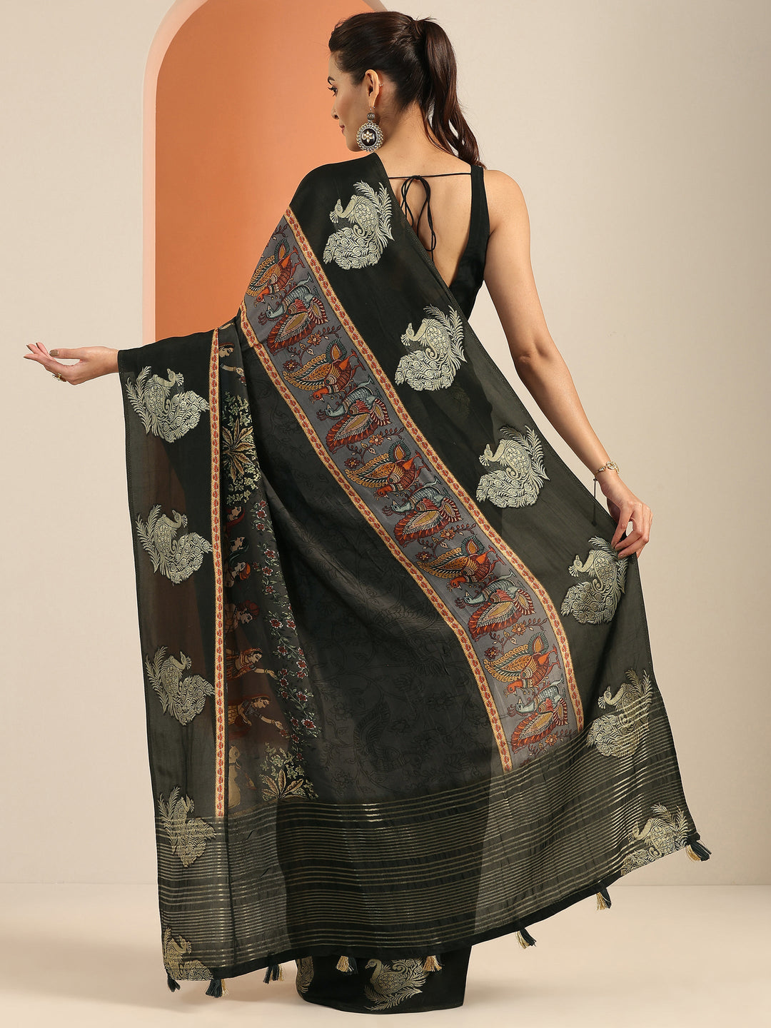  Black Printed Silk Blend Saree With Unstitched Blouse Piece 