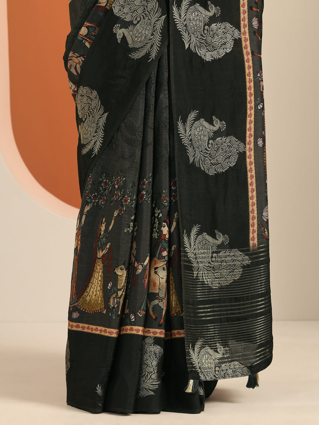  Black Printed Silk Blend Saree With Unstitched Blouse Piece 
