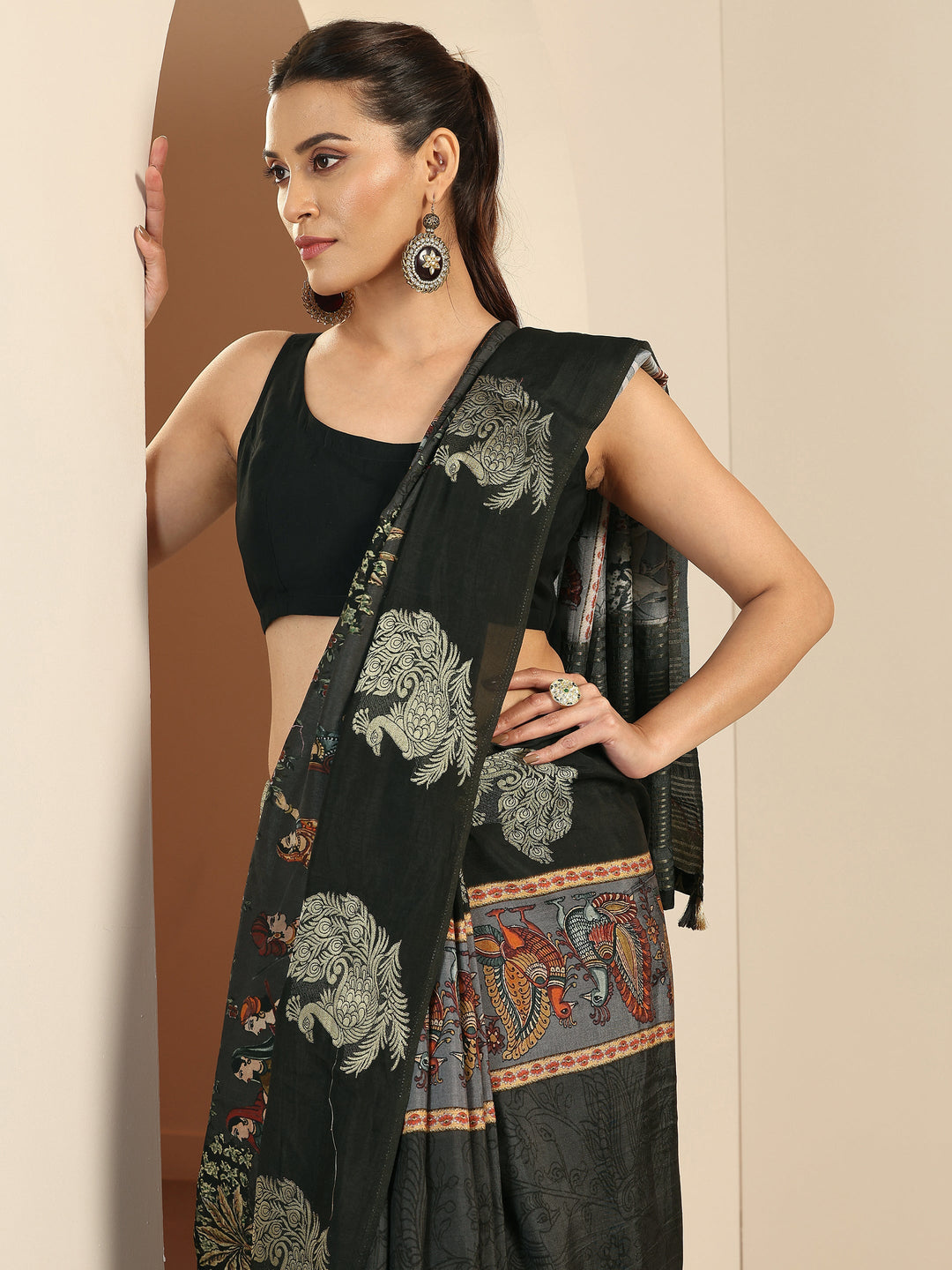  Black Printed Silk Blend Saree With Unstitched Blouse Piece 