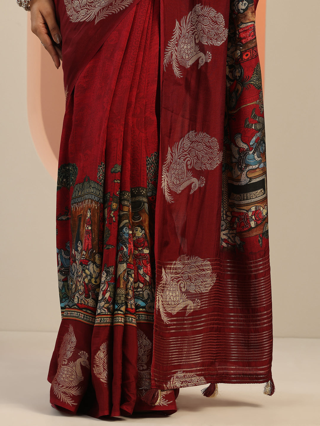  Red Printed Silk Blend Saree With Unstitched Blouse Piece 