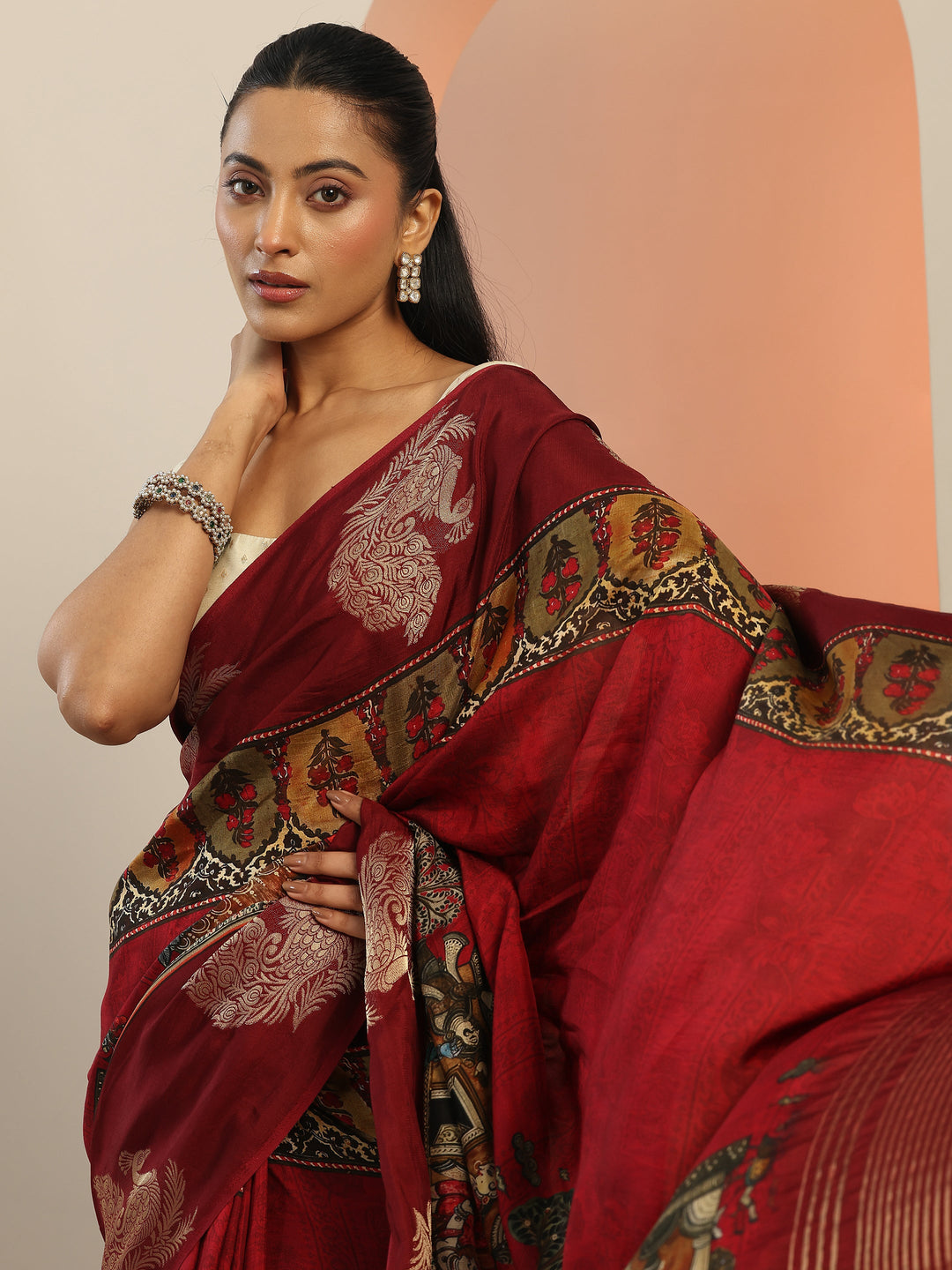  Red Printed Silk Blend Saree With Unstitched Blouse Piece 