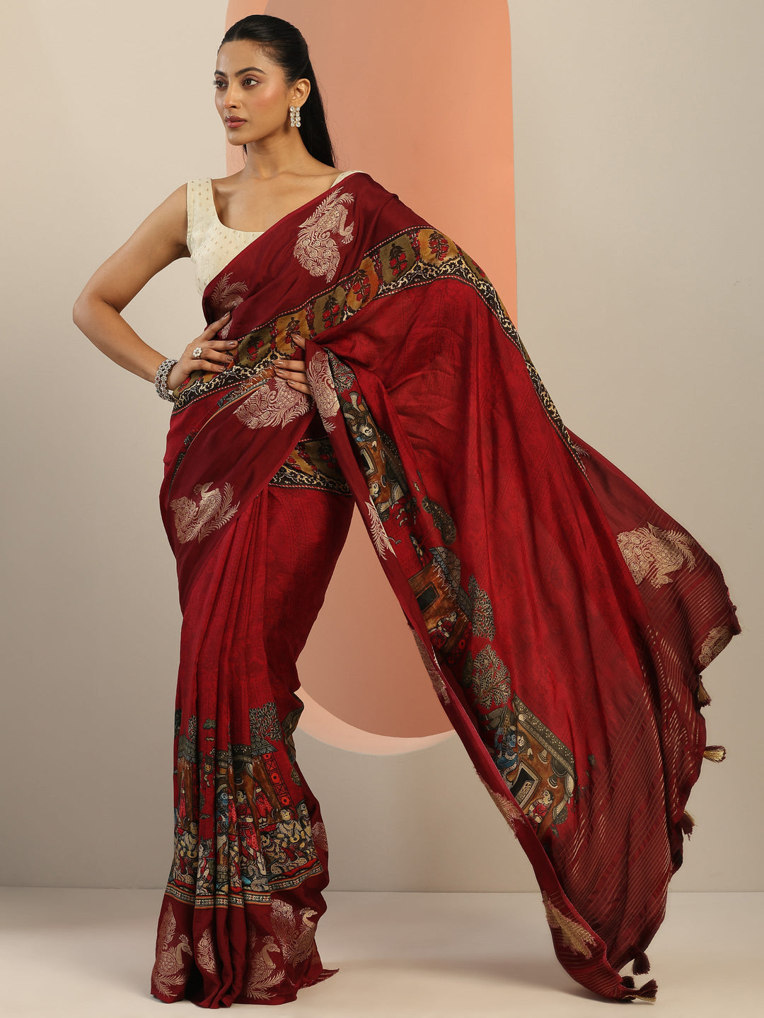  Red Printed Silk Blend Saree With Unstitched Blouse Piece 