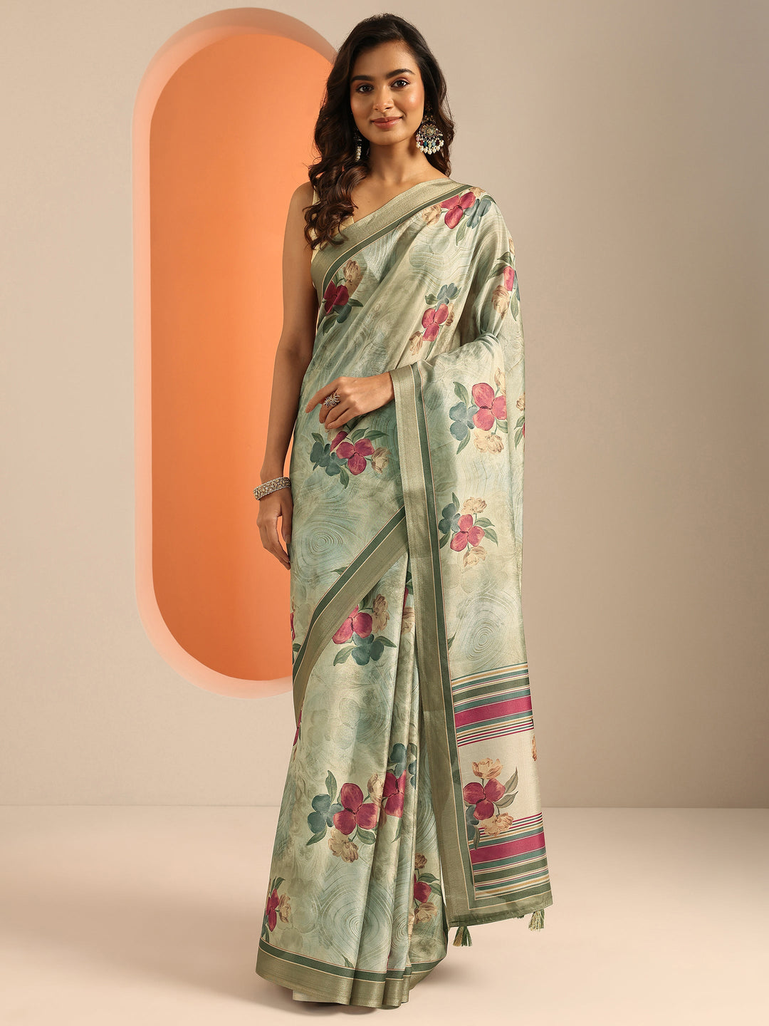  Blue Printed Silk Blend Saree With Unstitched Blouse Piece 