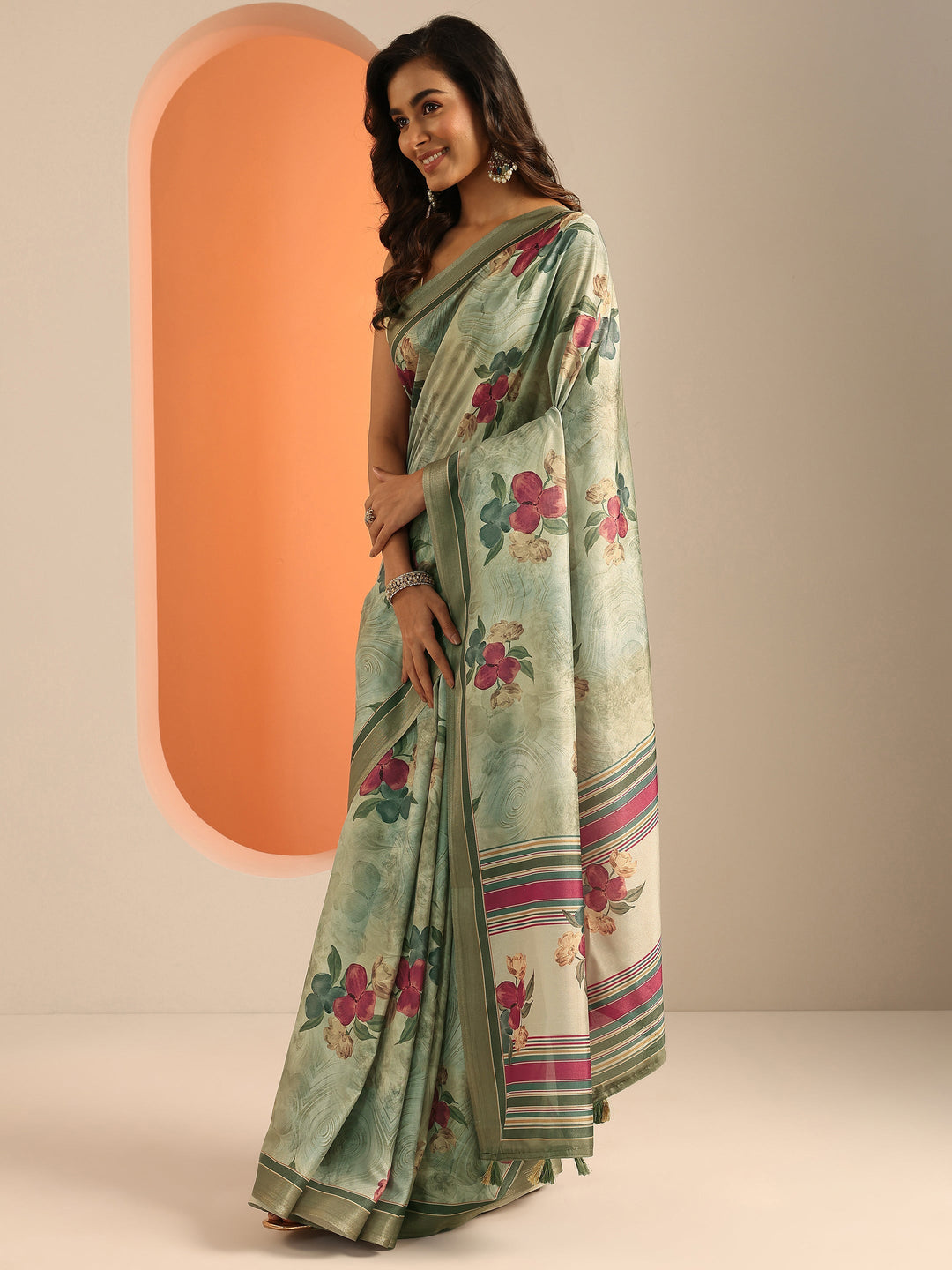  Blue Printed Silk Blend Saree With Unstitched Blouse Piece 