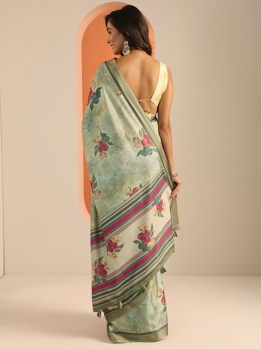  Blue Printed Silk Blend Saree With Unstitched Blouse Piece 