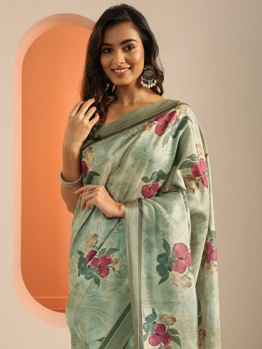  Blue Printed Silk Blend Saree With Unstitched Blouse Piece 