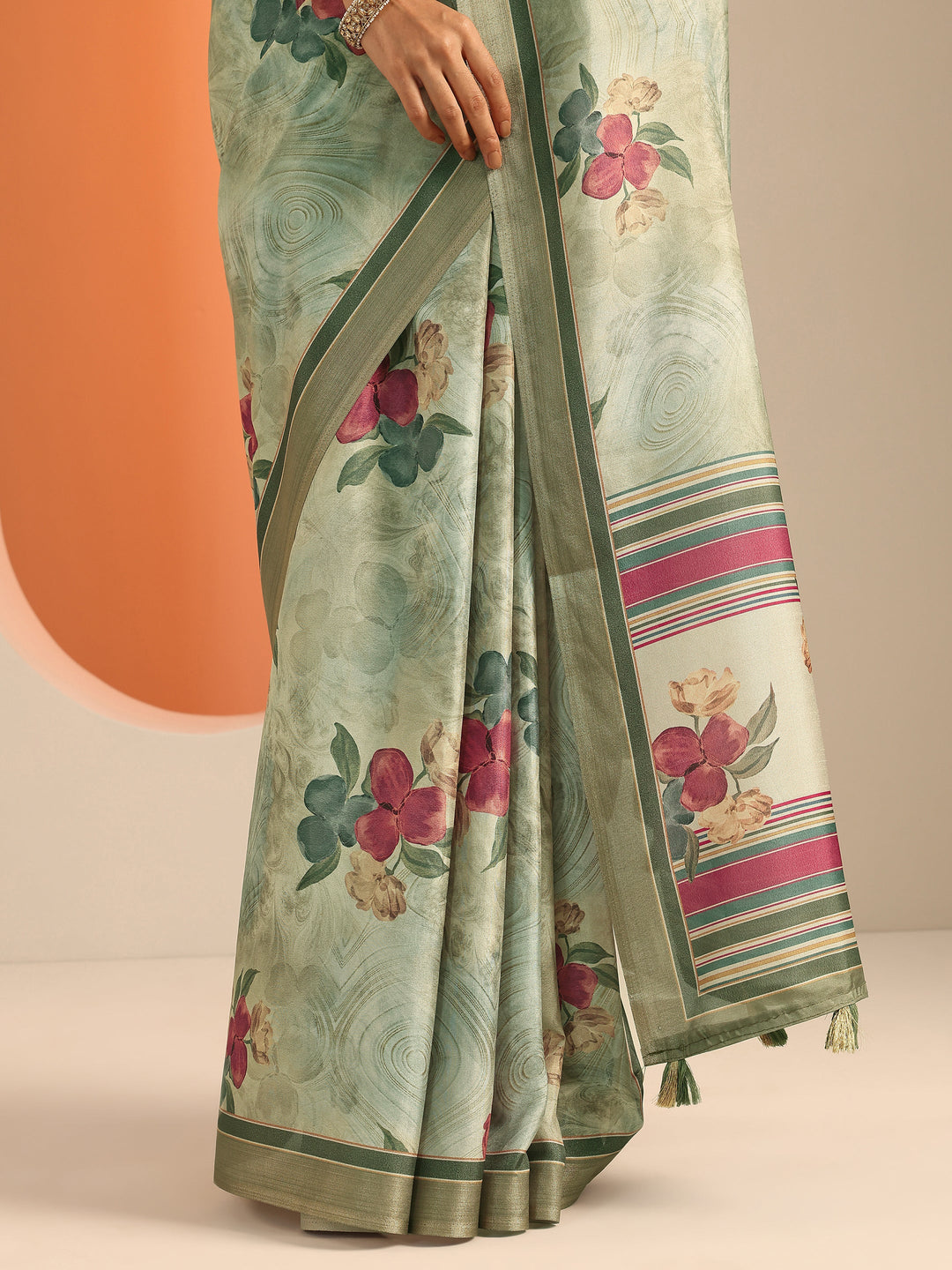  Blue Printed Silk Blend Saree With Unstitched Blouse Piece 