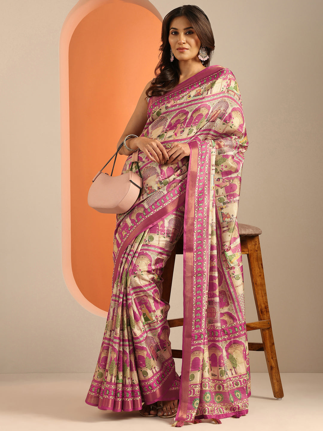 Pink Printed Silk Blend Saree With Unstitched Blouse Piece