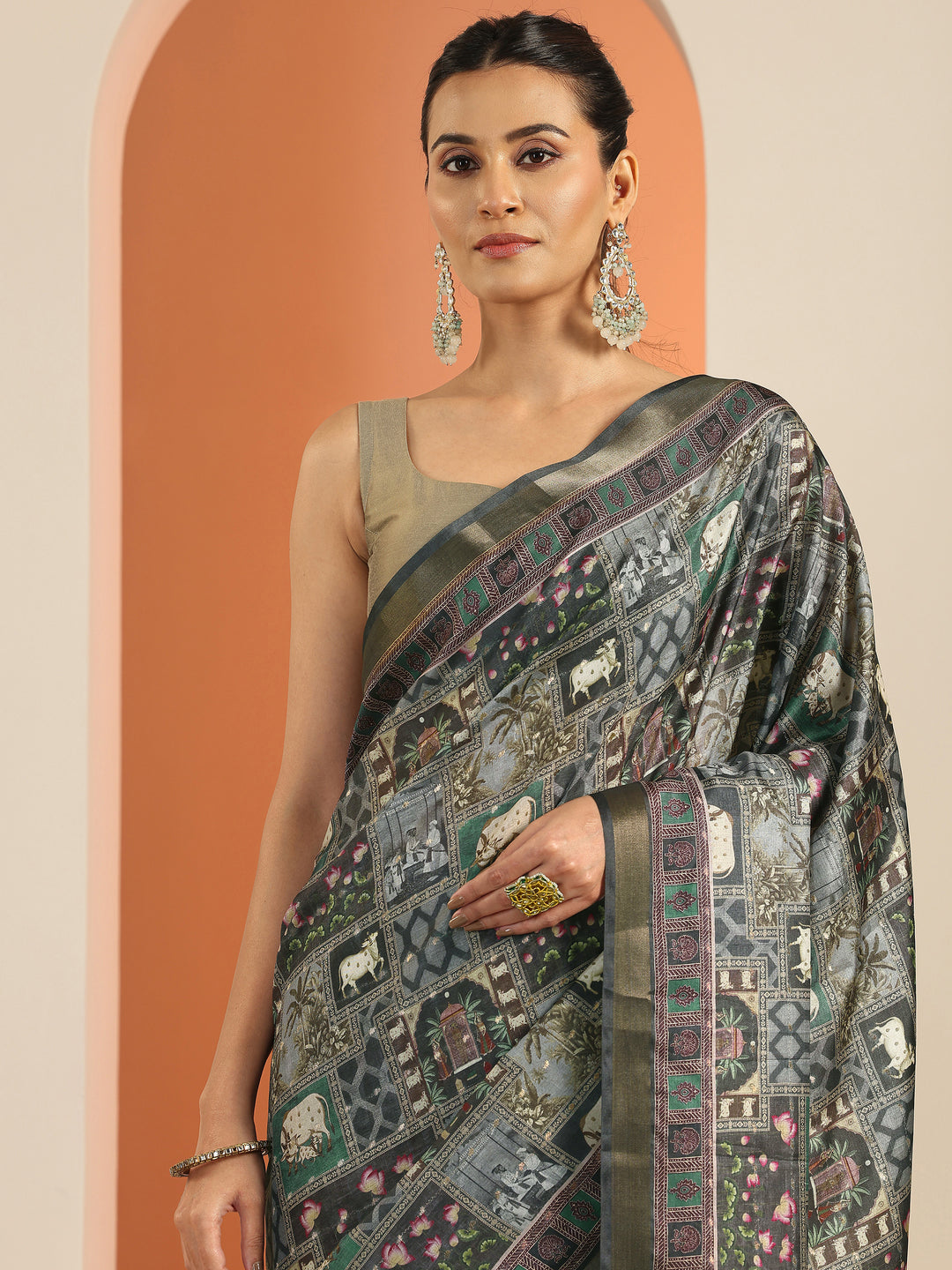  Grey Printed Silk Blend Saree With Unstitched Blouse Piece 