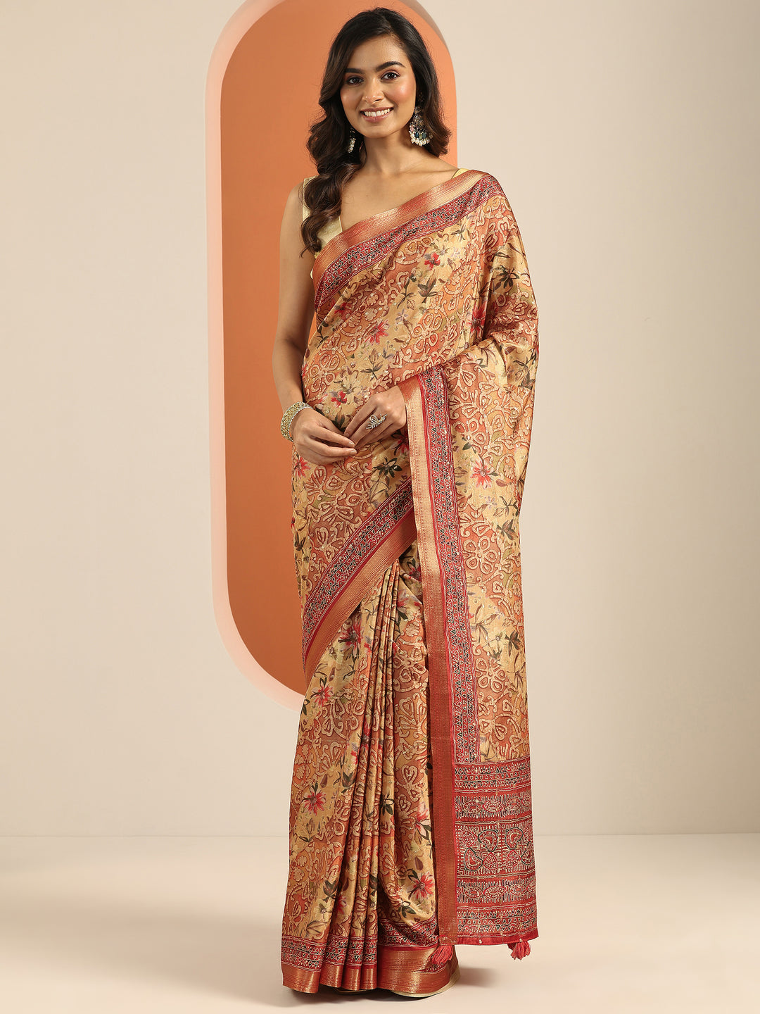  Orange Printed Silk Blend Saree With Unstitched Blouse Piece 