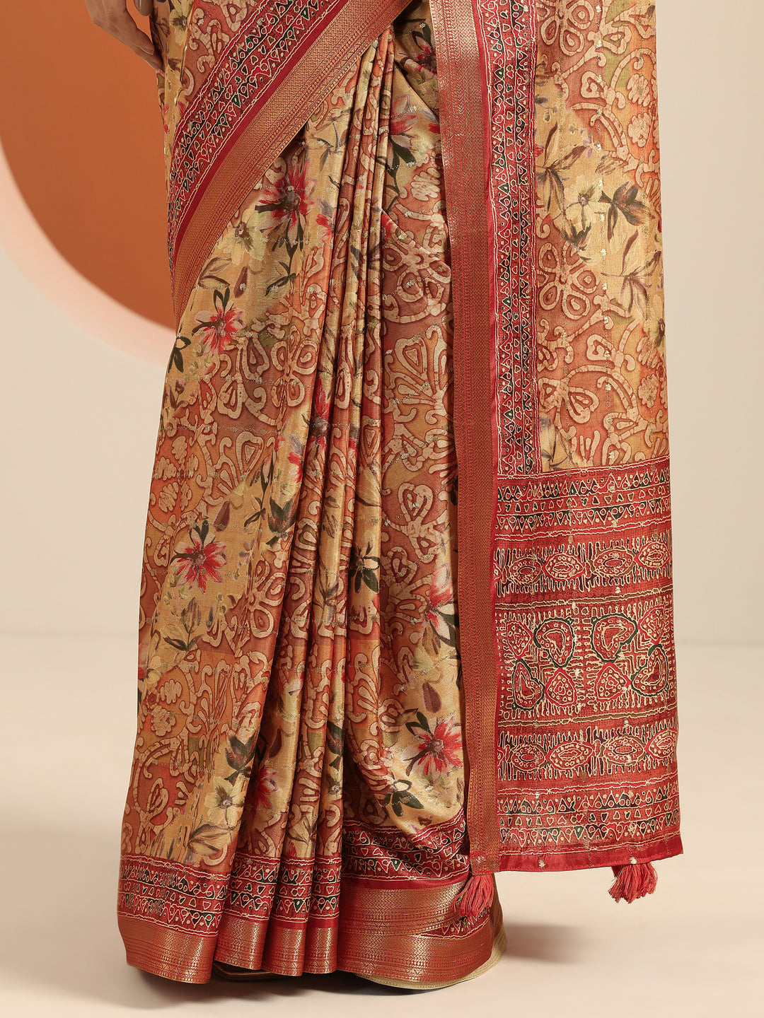  Orange Printed Silk Blend Saree With Unstitched Blouse Piece 