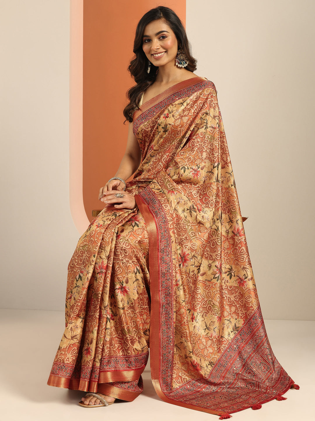  Orange Printed Silk Blend Saree With Unstitched Blouse Piece 