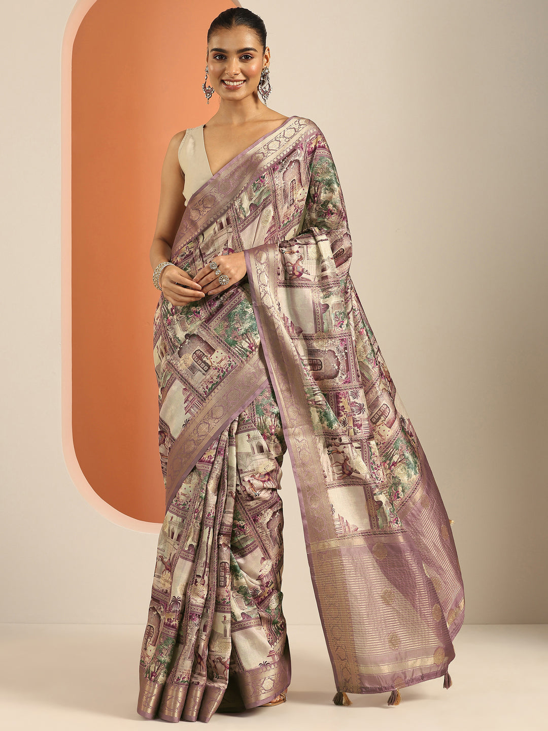  Lavender Printed Silk Blend Saree With Unstitched Blouse Piece 