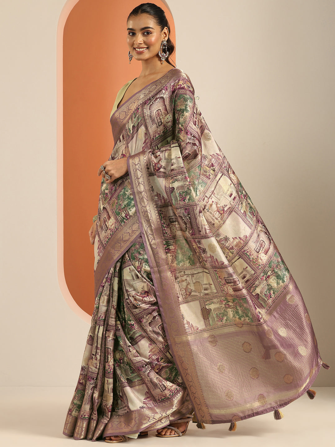  Lavender Printed Silk Blend Saree With Unstitched Blouse Piece 