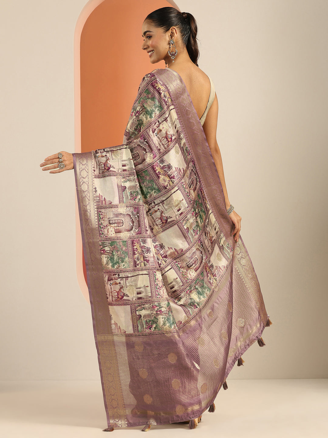  Lavender Printed Silk Blend Saree With Unstitched Blouse Piece 