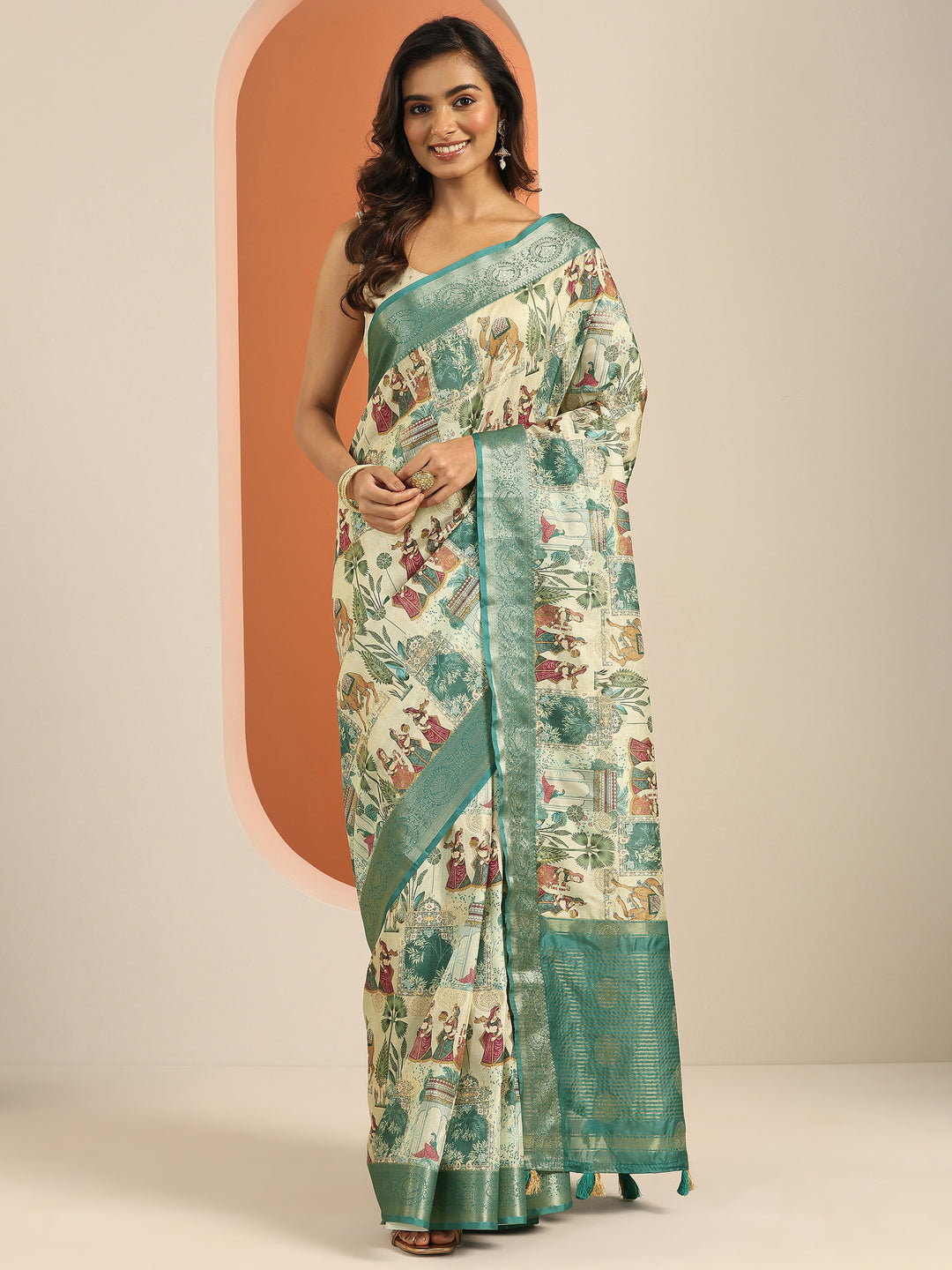  Turquoise blue Printed Silk Blend Saree With Unstitched Blouse Piece 