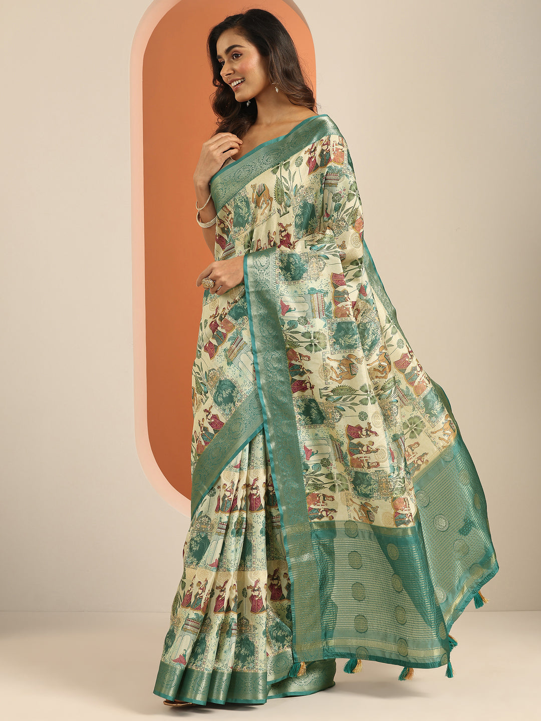  Turquoise blue Printed Silk Blend Saree With Unstitched Blouse Piece 