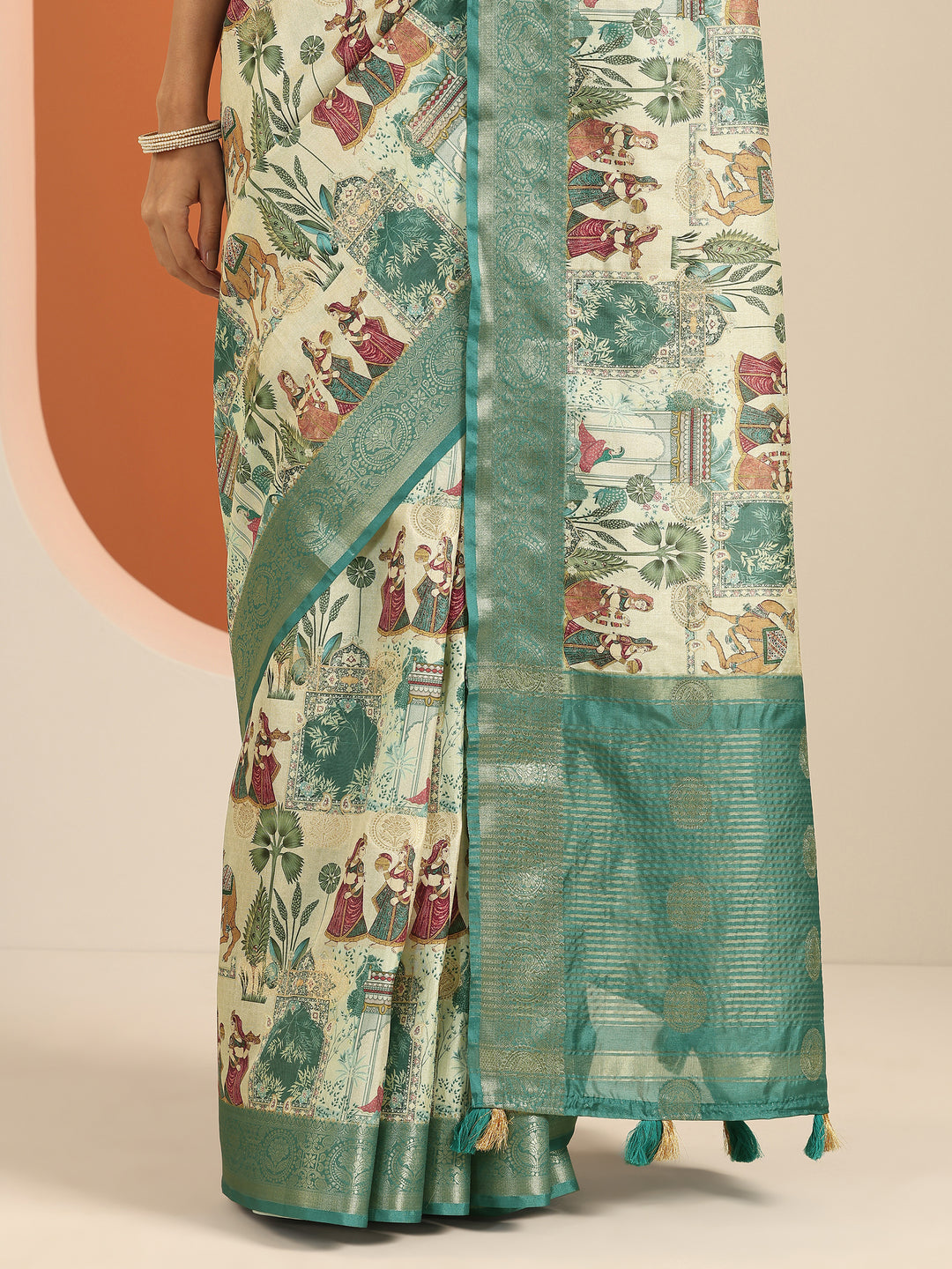  Turquoise blue Printed Silk Blend Saree With Unstitched Blouse Piece 
