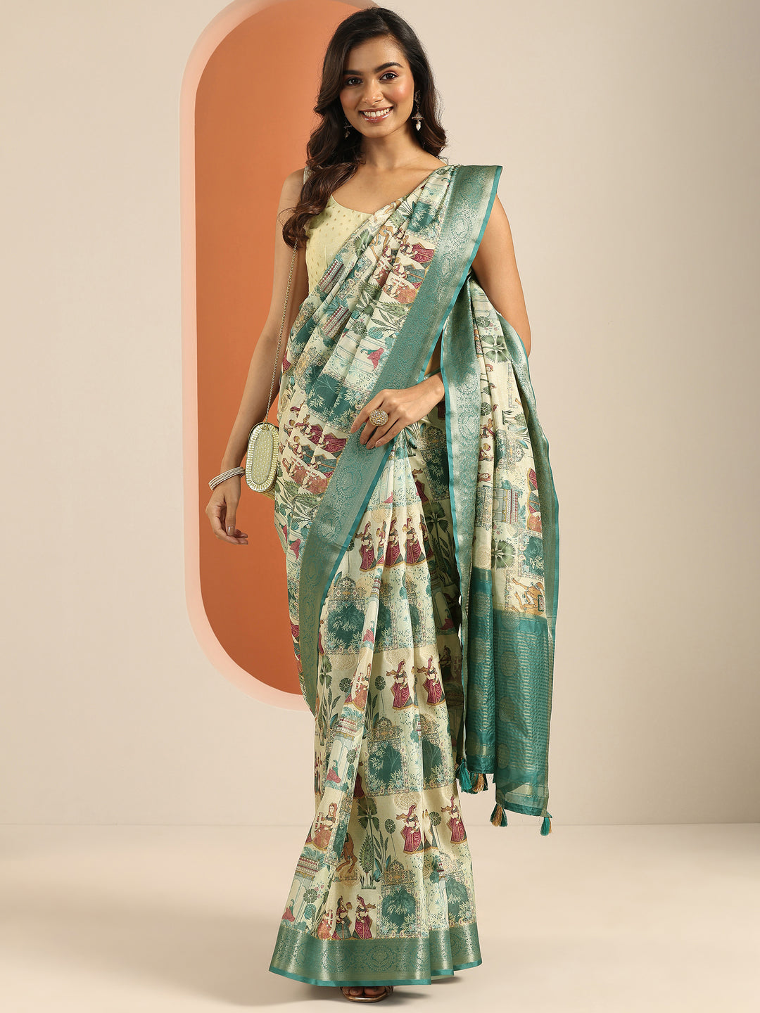  Turquoise blue Printed Silk Blend Saree With Unstitched Blouse Piece 