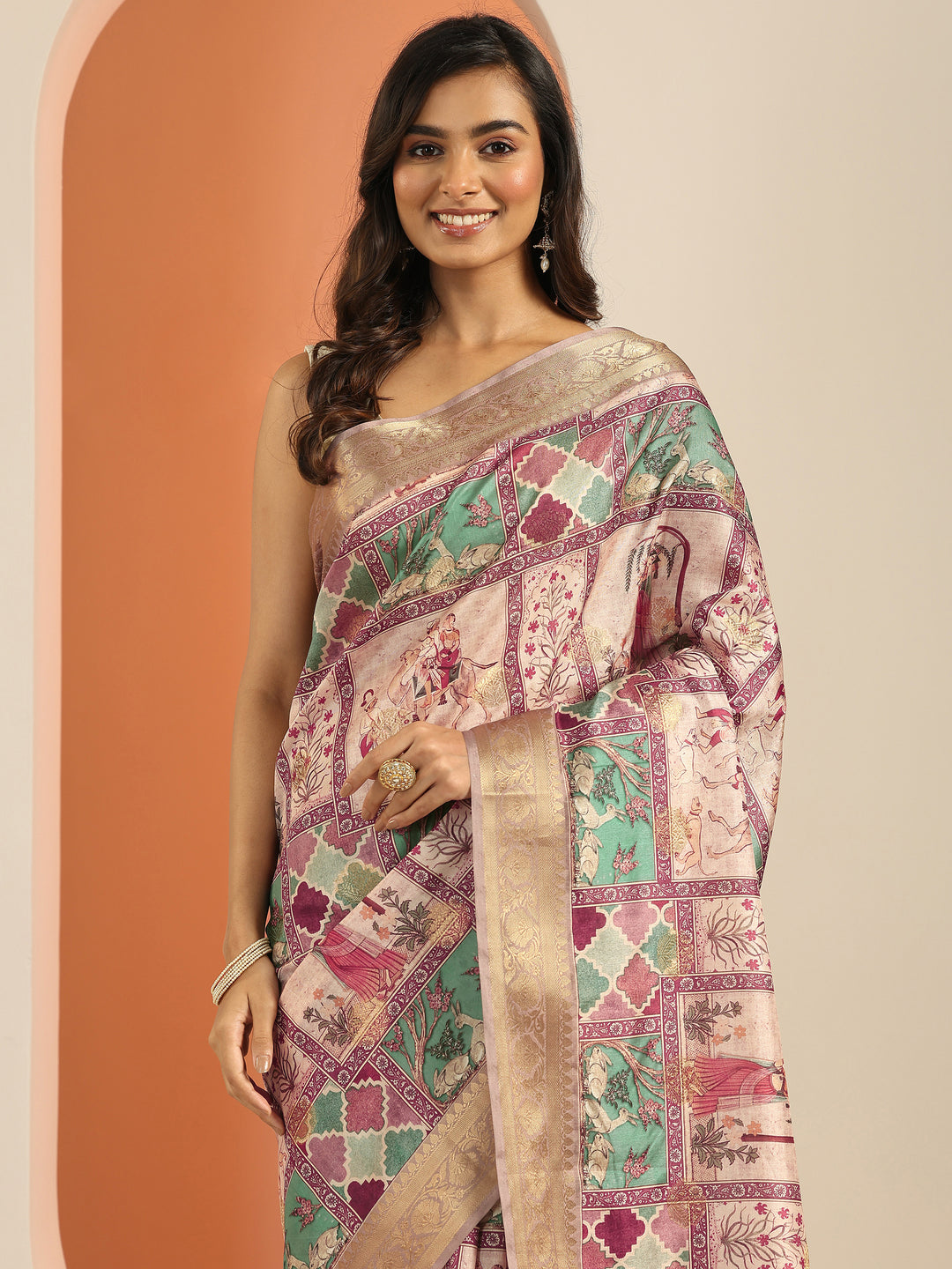  Multi Printed Silk Blend Saree With Unstitched Blouse Piece 
