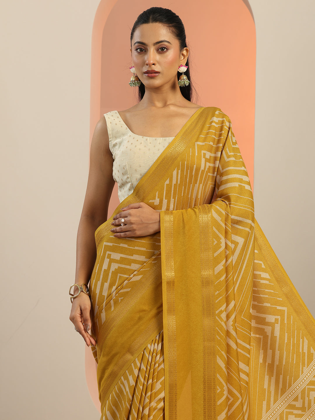  Mustard Printed Georgette Saree With Unstitched Blouse Piece 