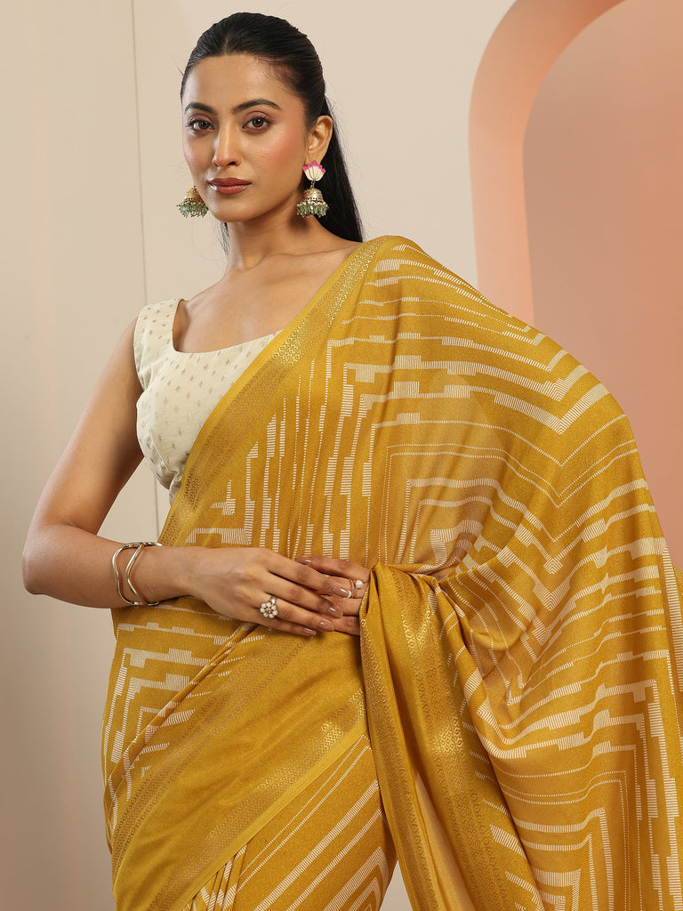 Libas Mustard Printed Georgette Saree With Unstitched Blouse Piece