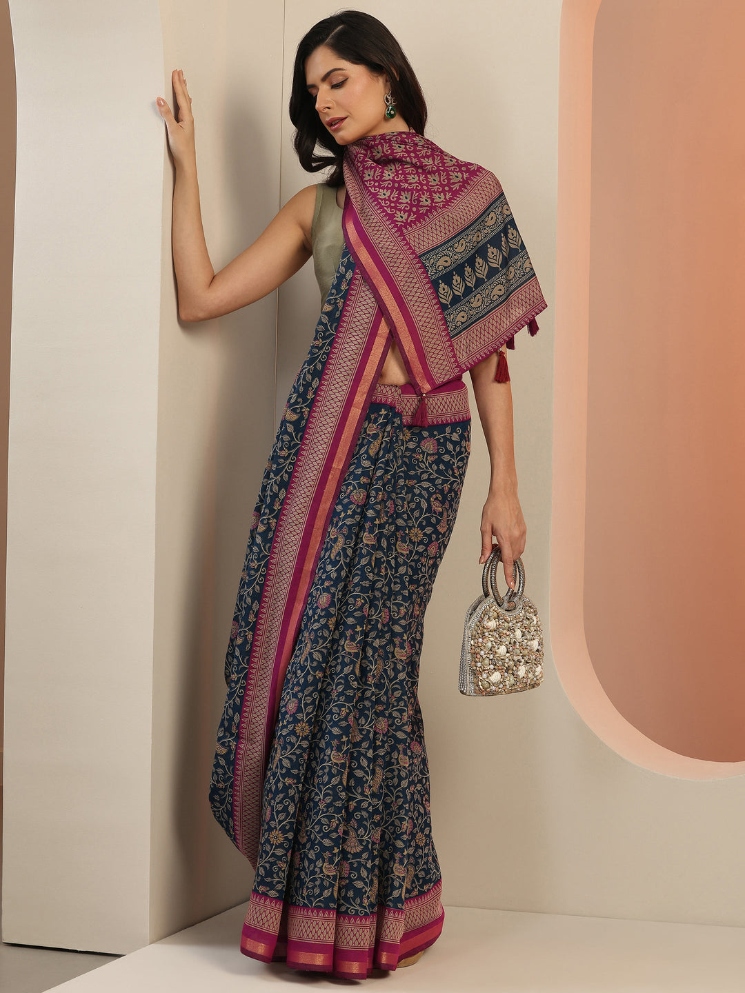  Teal Printed Silk Blend Saree With Unstitched Blouse Piece 