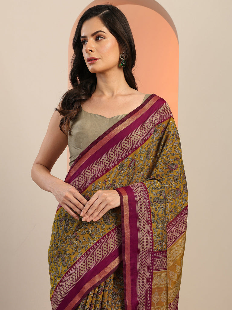 Libas Mustard Printed Silk Blend Saree With Unstitched Blouse Piece