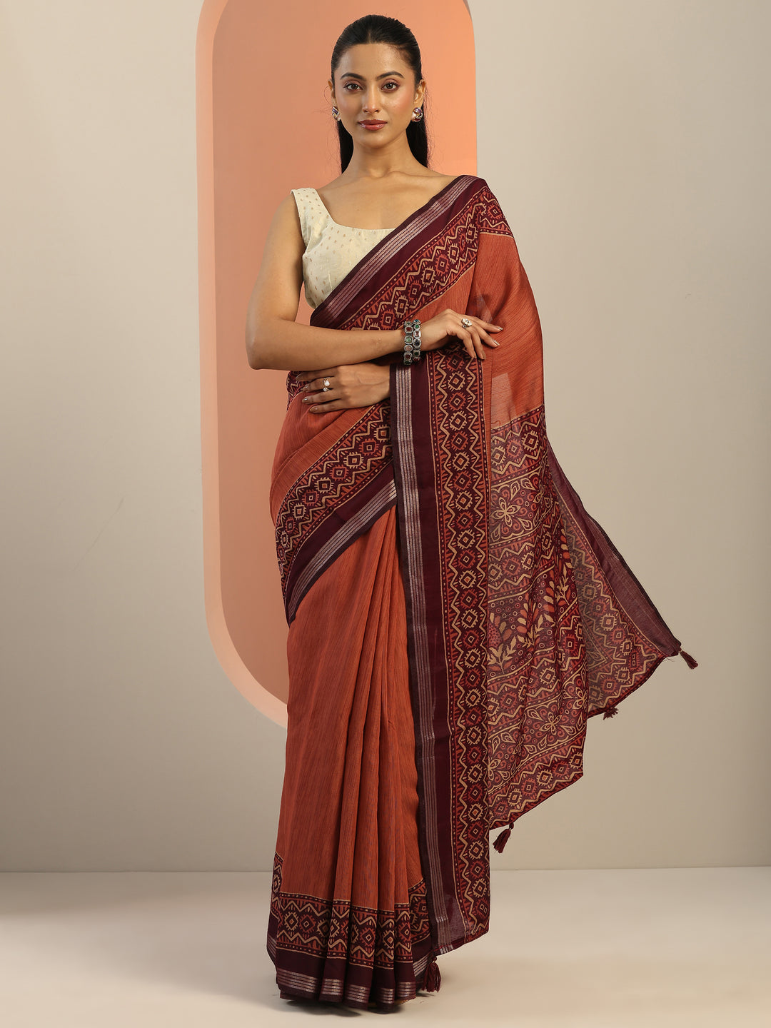  Rust Solid Silk Blend Saree With Unstitched Blouse Piece 