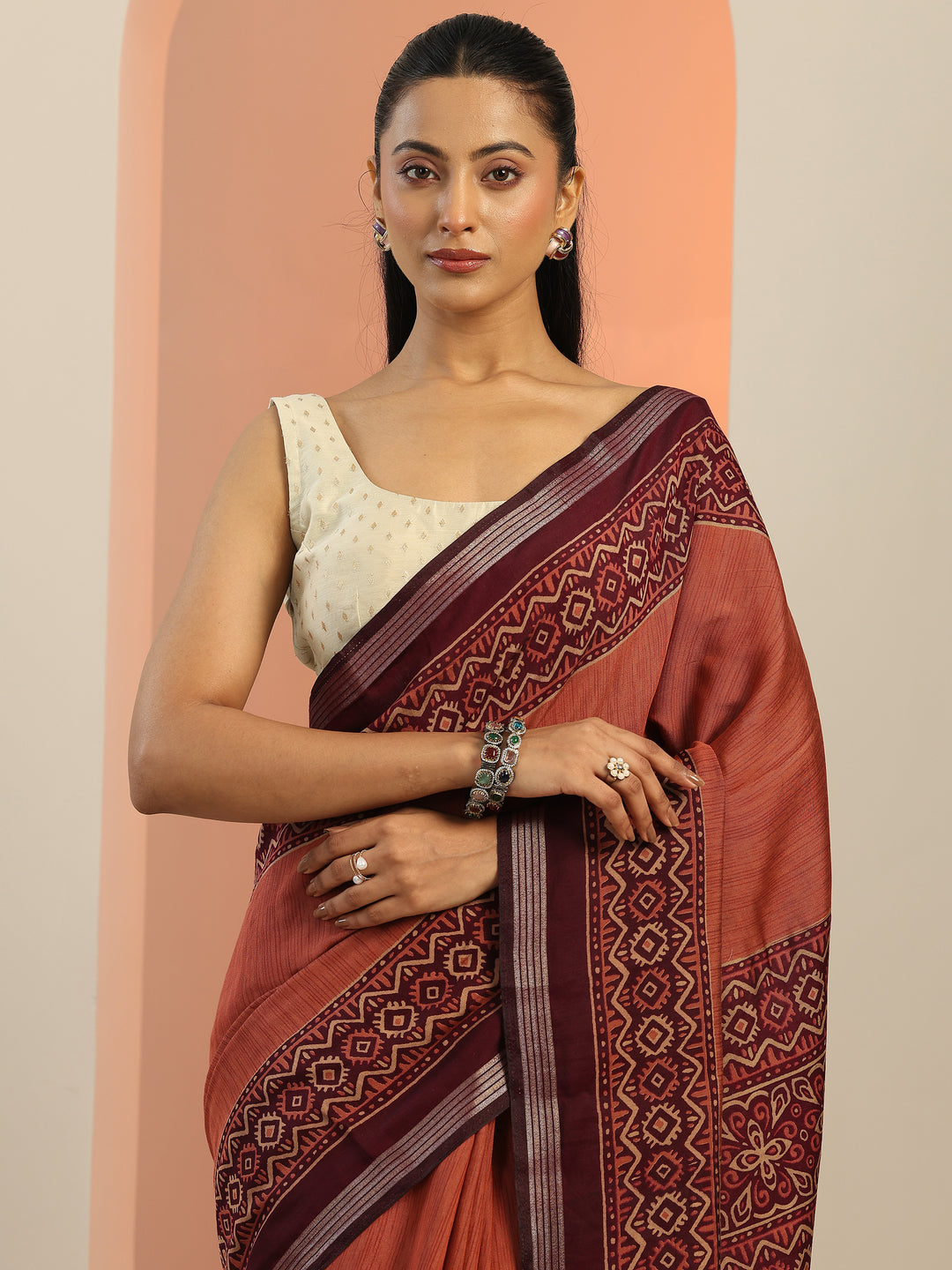  Rust Solid Silk Blend Saree With Unstitched Blouse Piece 