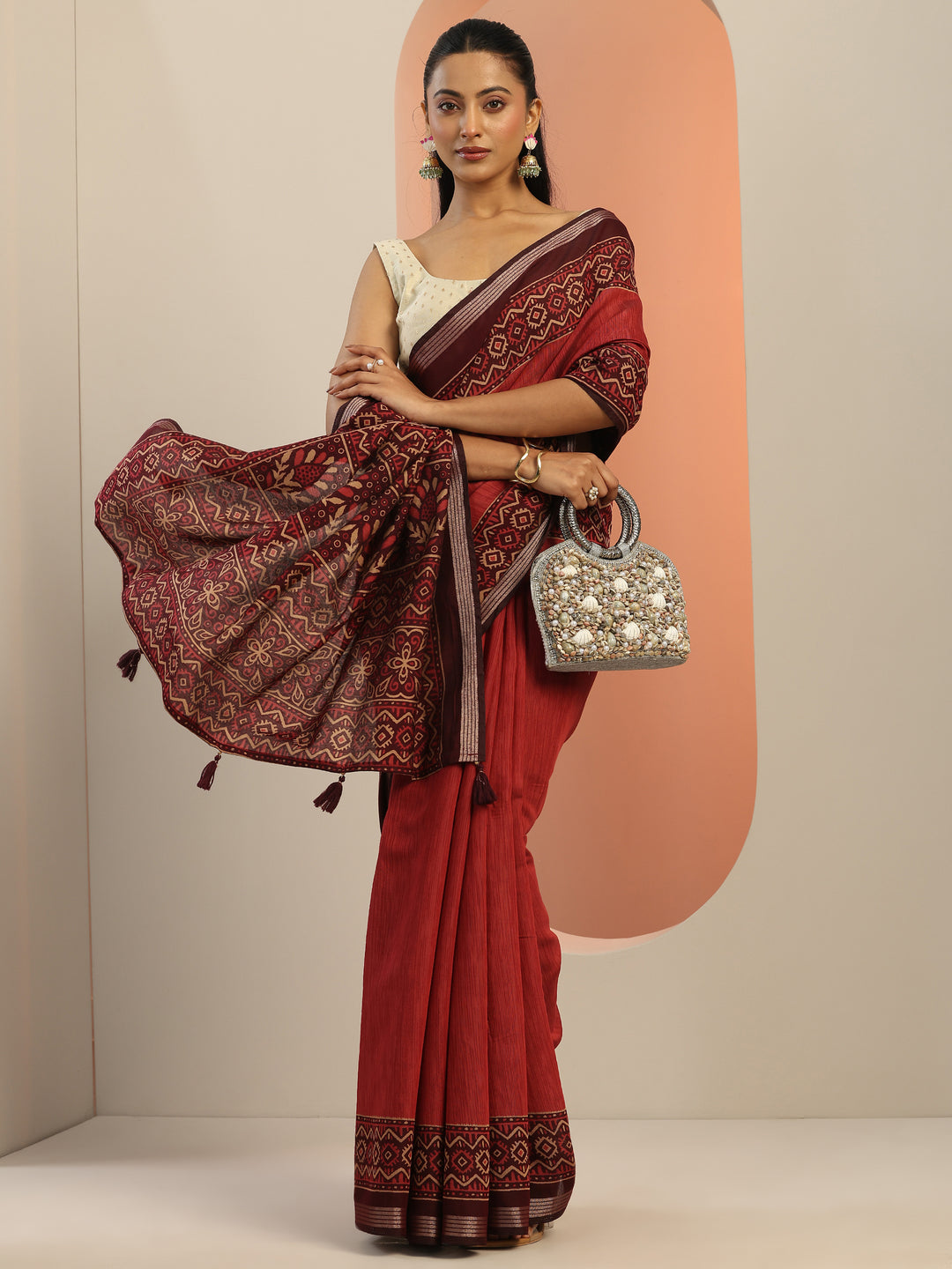  Red Solid Silk Blend Saree With Unstitched Blouse Piece 