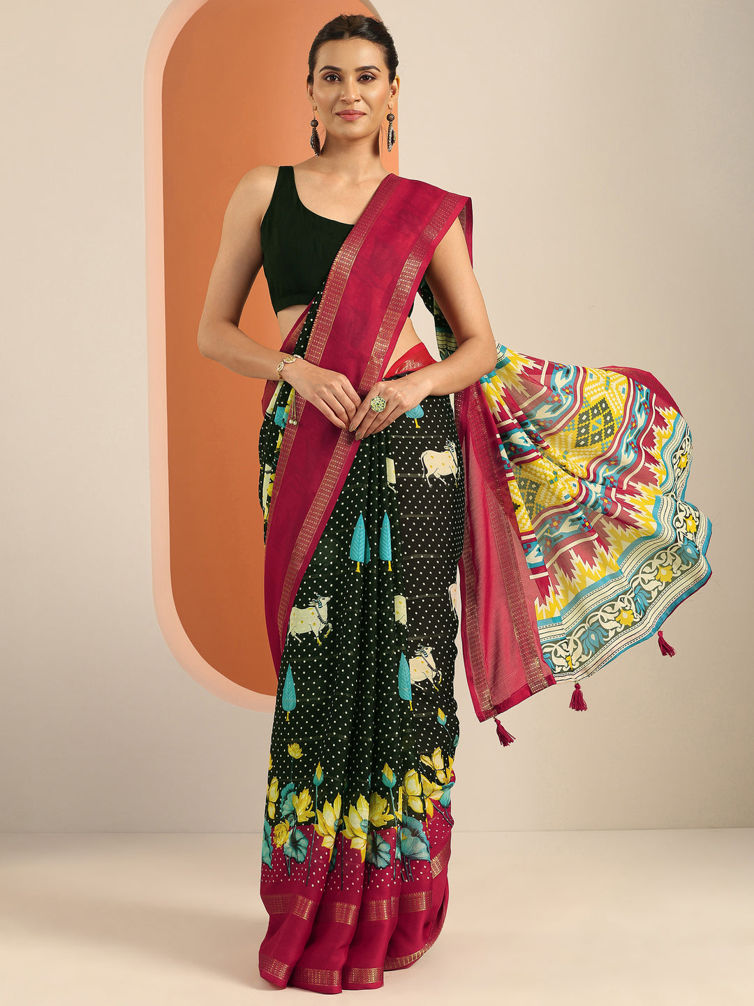  Black Printed Georgette Saree With Unstitched Blouse Piece 