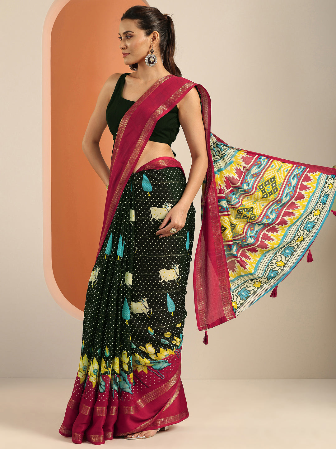  Black Printed Georgette Saree With Unstitched Blouse Piece 