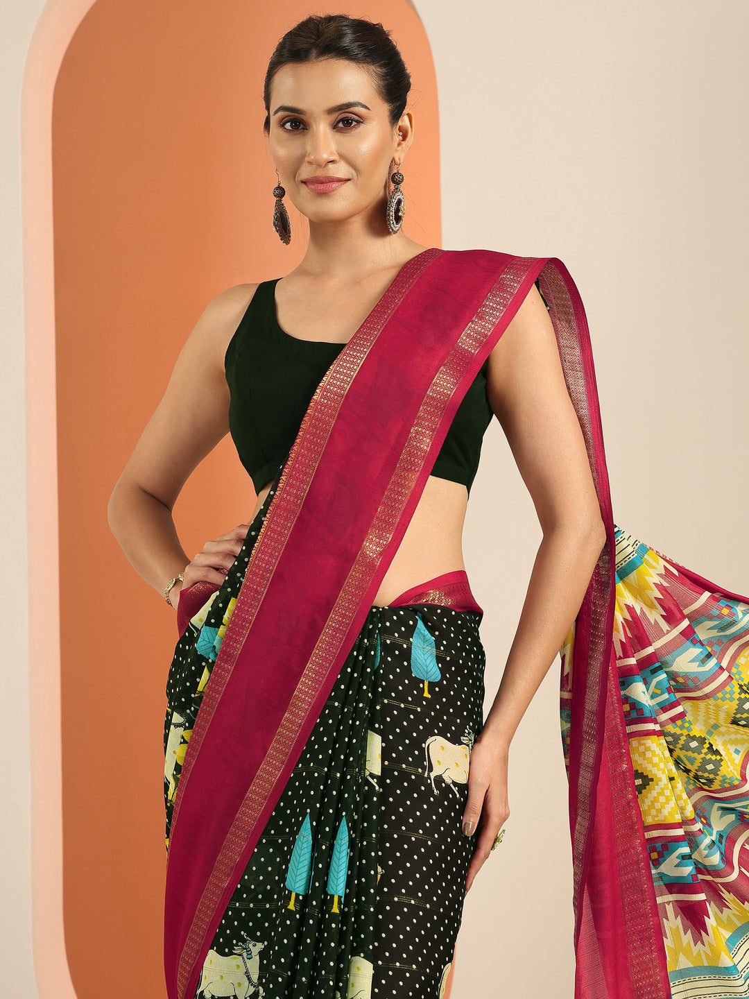  Black Printed Georgette Saree With Unstitched Blouse Piece 