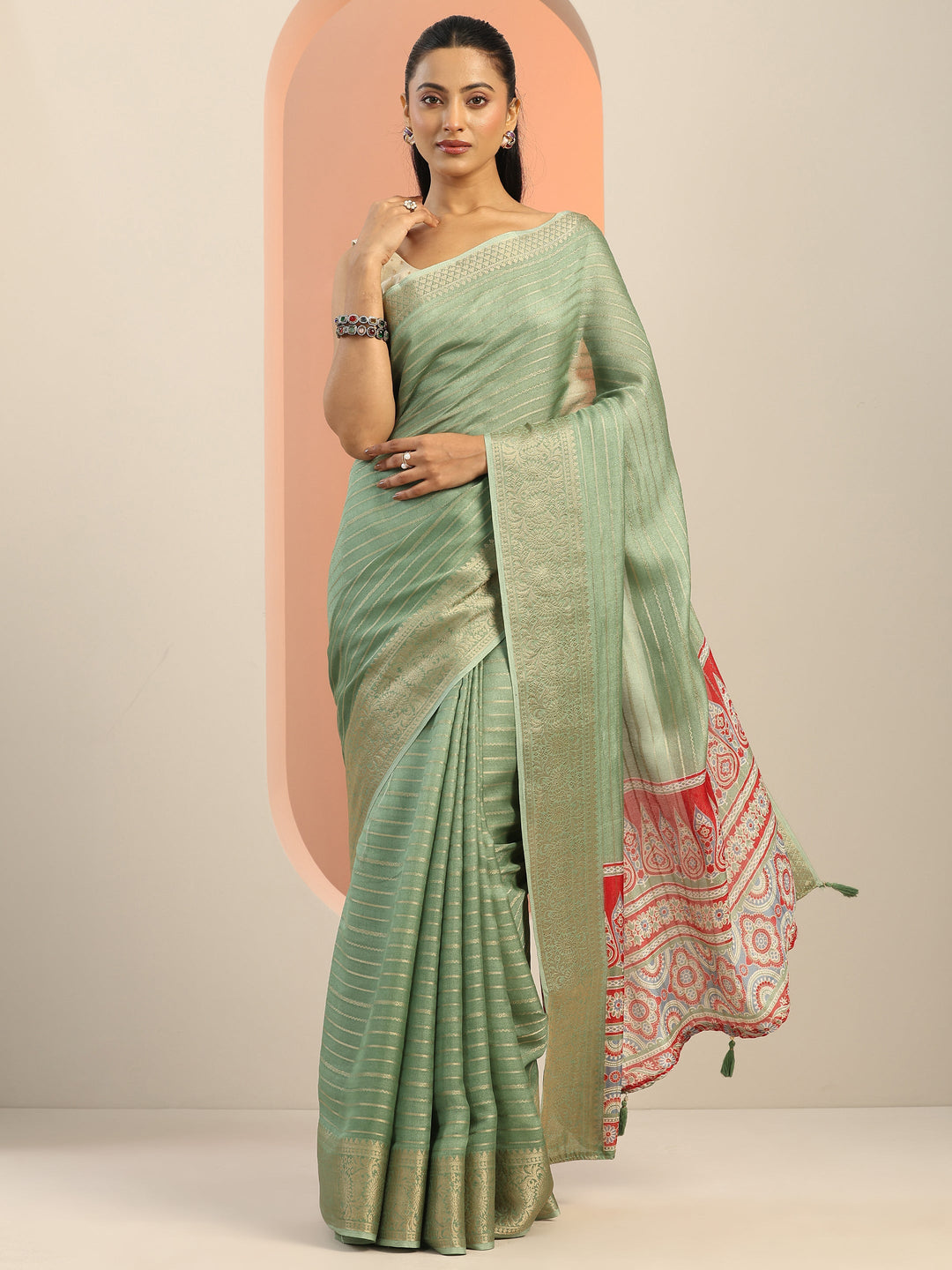  Green Woven Design Georgette Saree With Unstitched Blouse Piece 