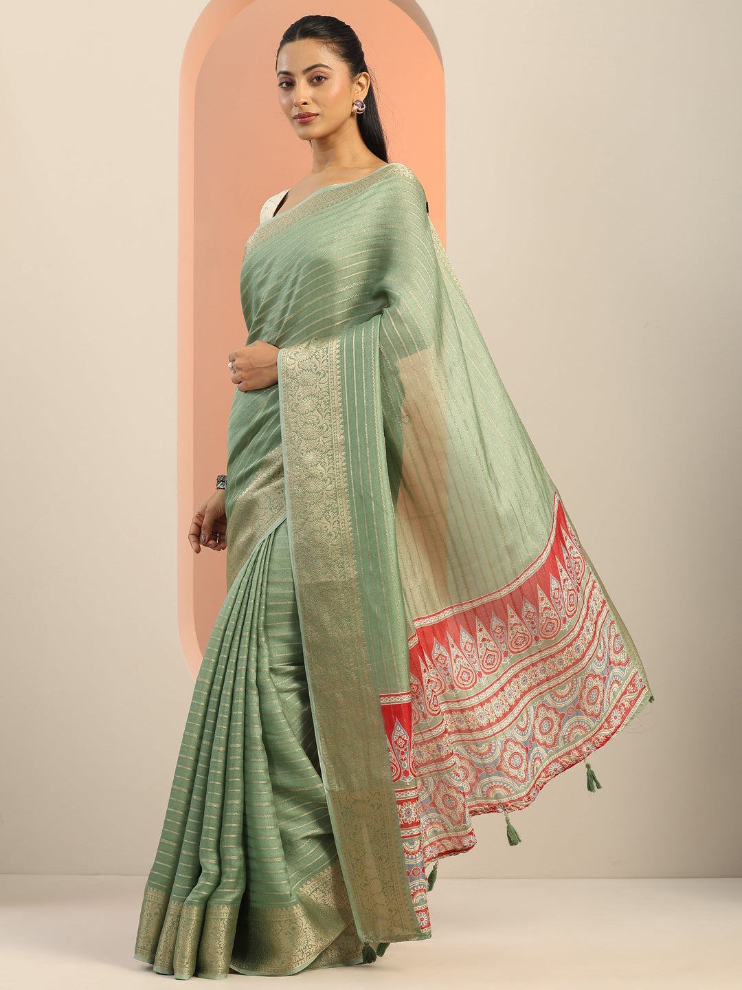  Green Woven Design Georgette Saree With Unstitched Blouse Piece 