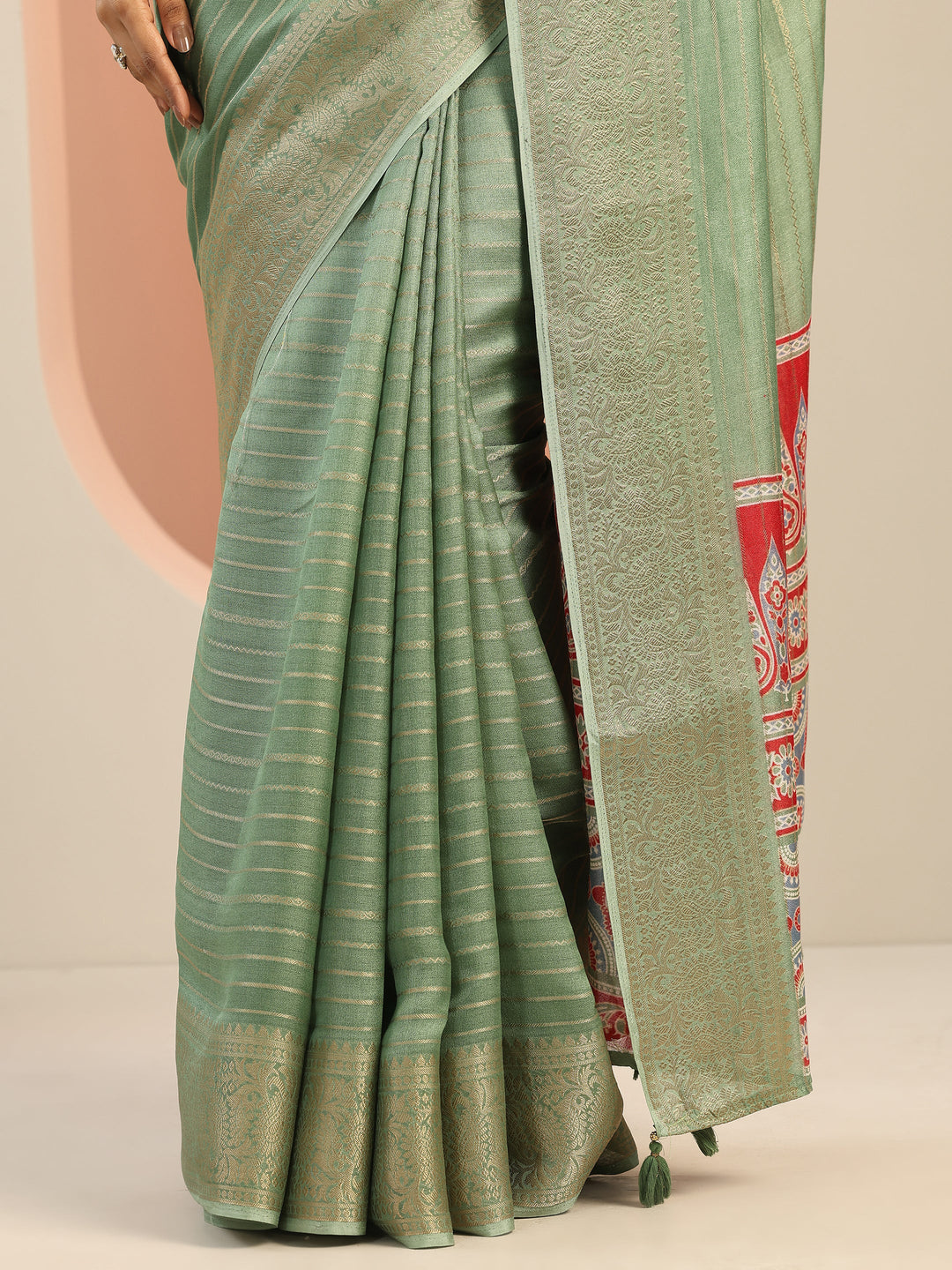  Green Woven Design Georgette Saree With Unstitched Blouse Piece 