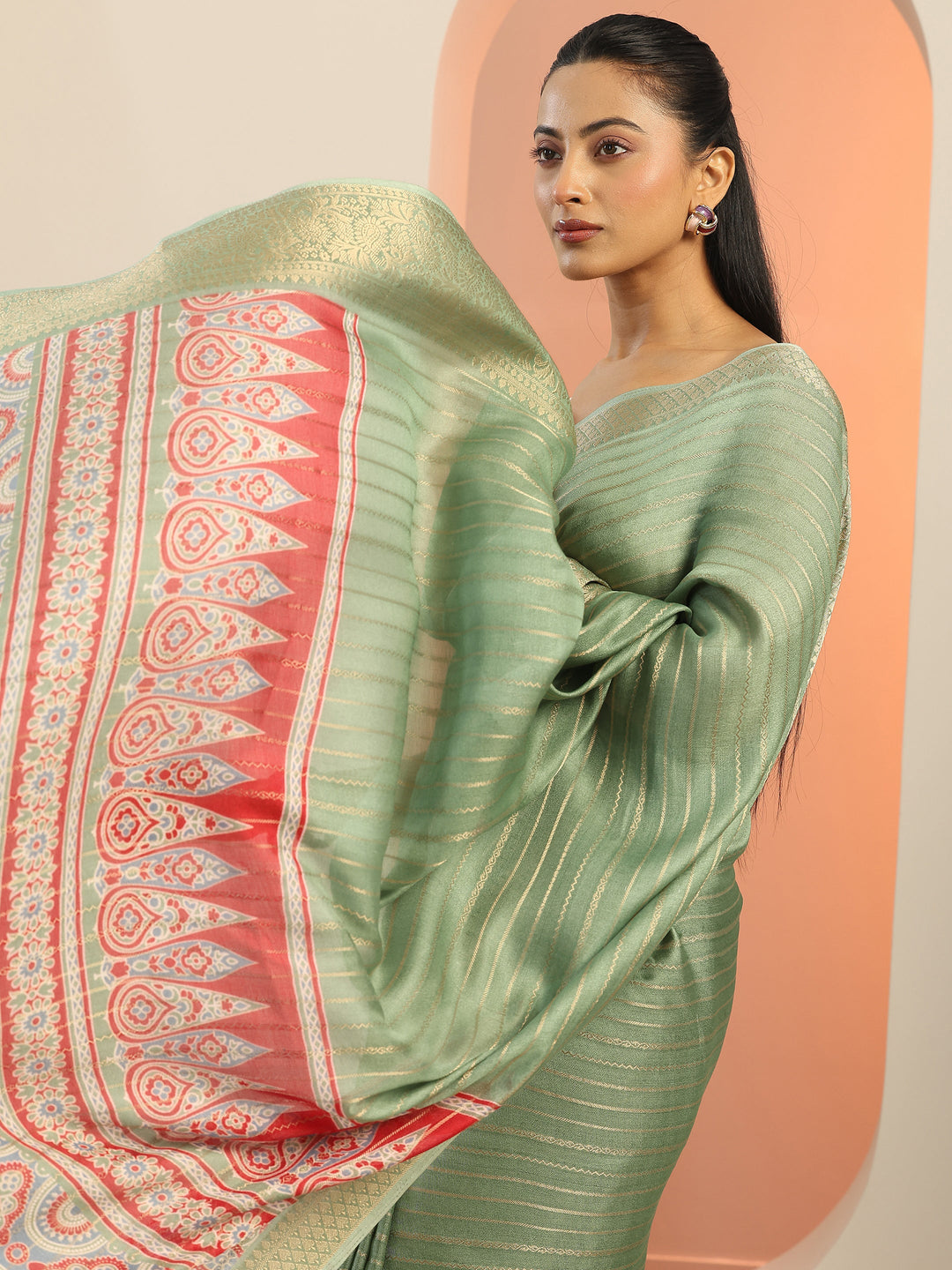  Green Woven Design Georgette Saree With Unstitched Blouse Piece 