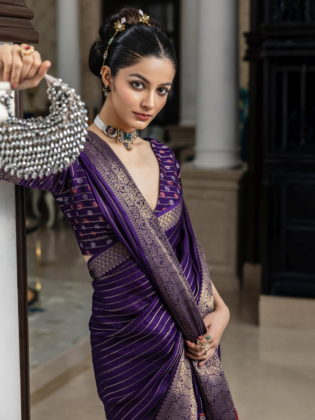  Purple Woven Design Georgette Saree With Unstitched Blouse Piece 