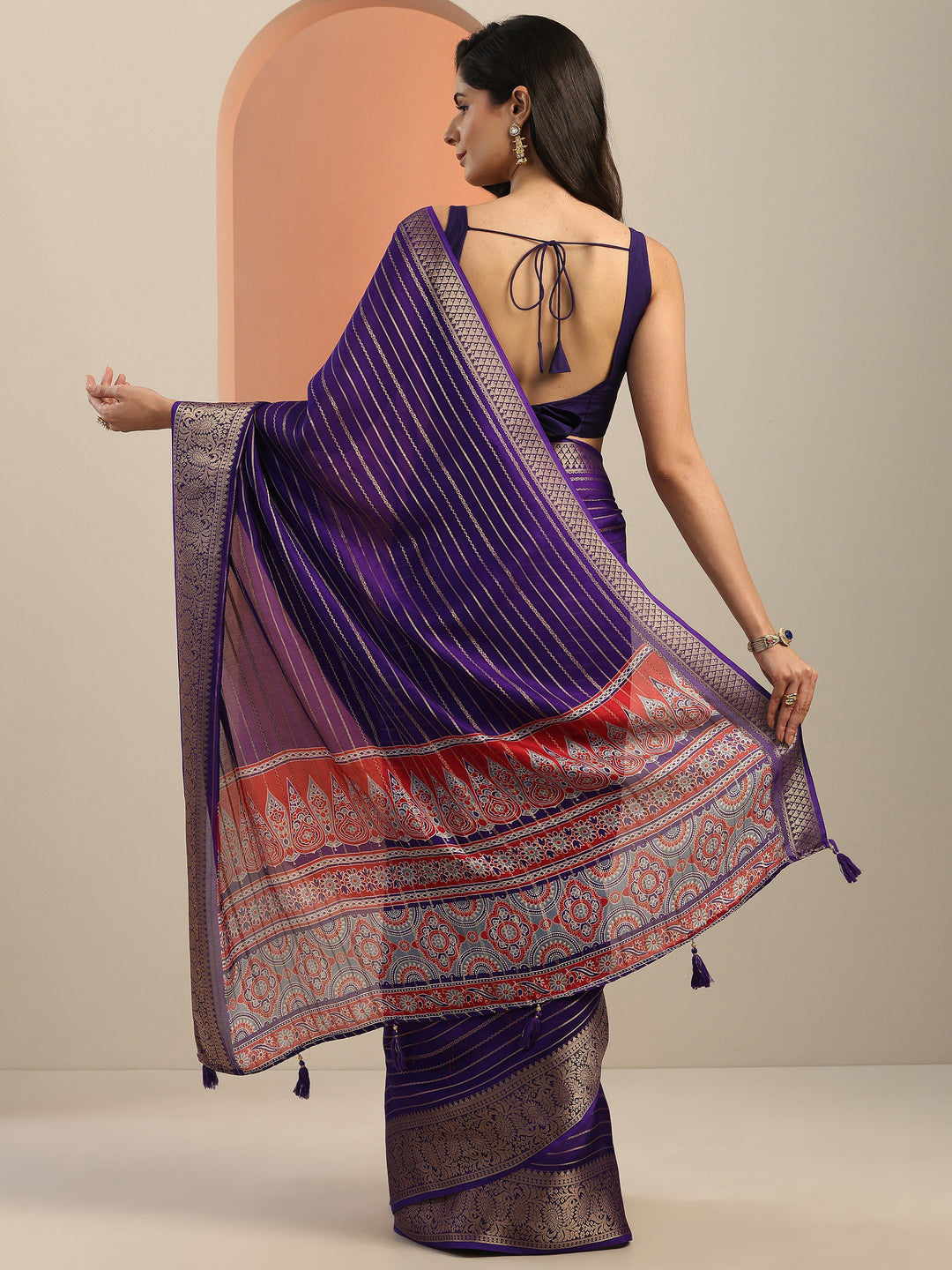  Purple Woven Design Georgette Saree With Unstitched Blouse Piece 
