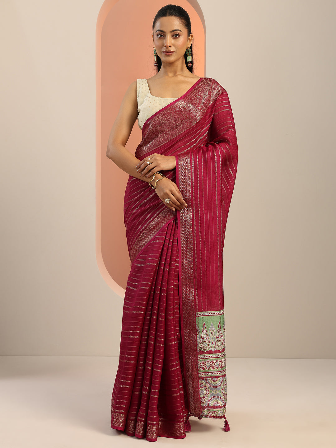  Burgundy Woven Design Georgette Saree With Unstitched Blouse Piece 