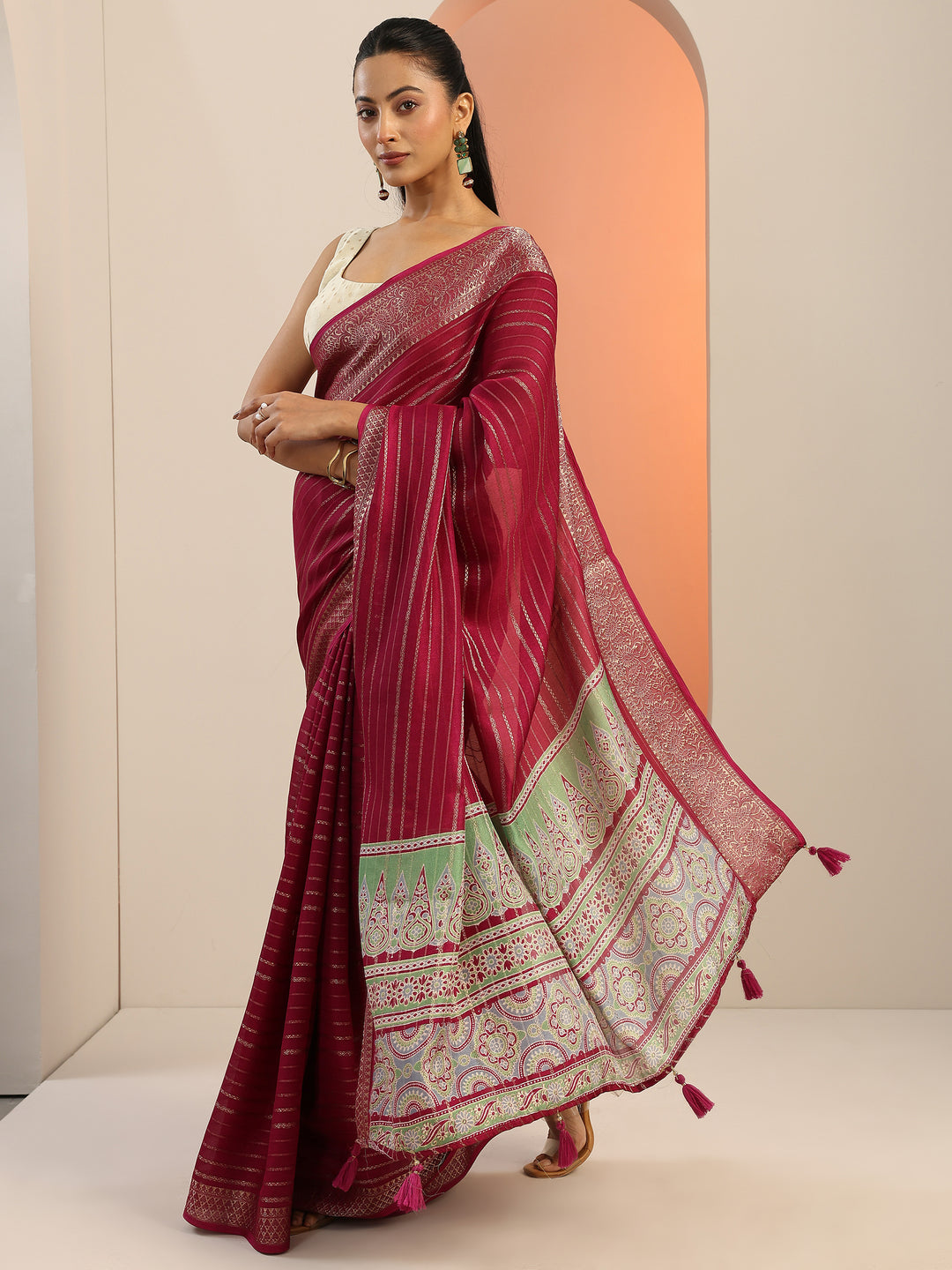  Burgundy Woven Design Georgette Saree With Unstitched Blouse Piece 