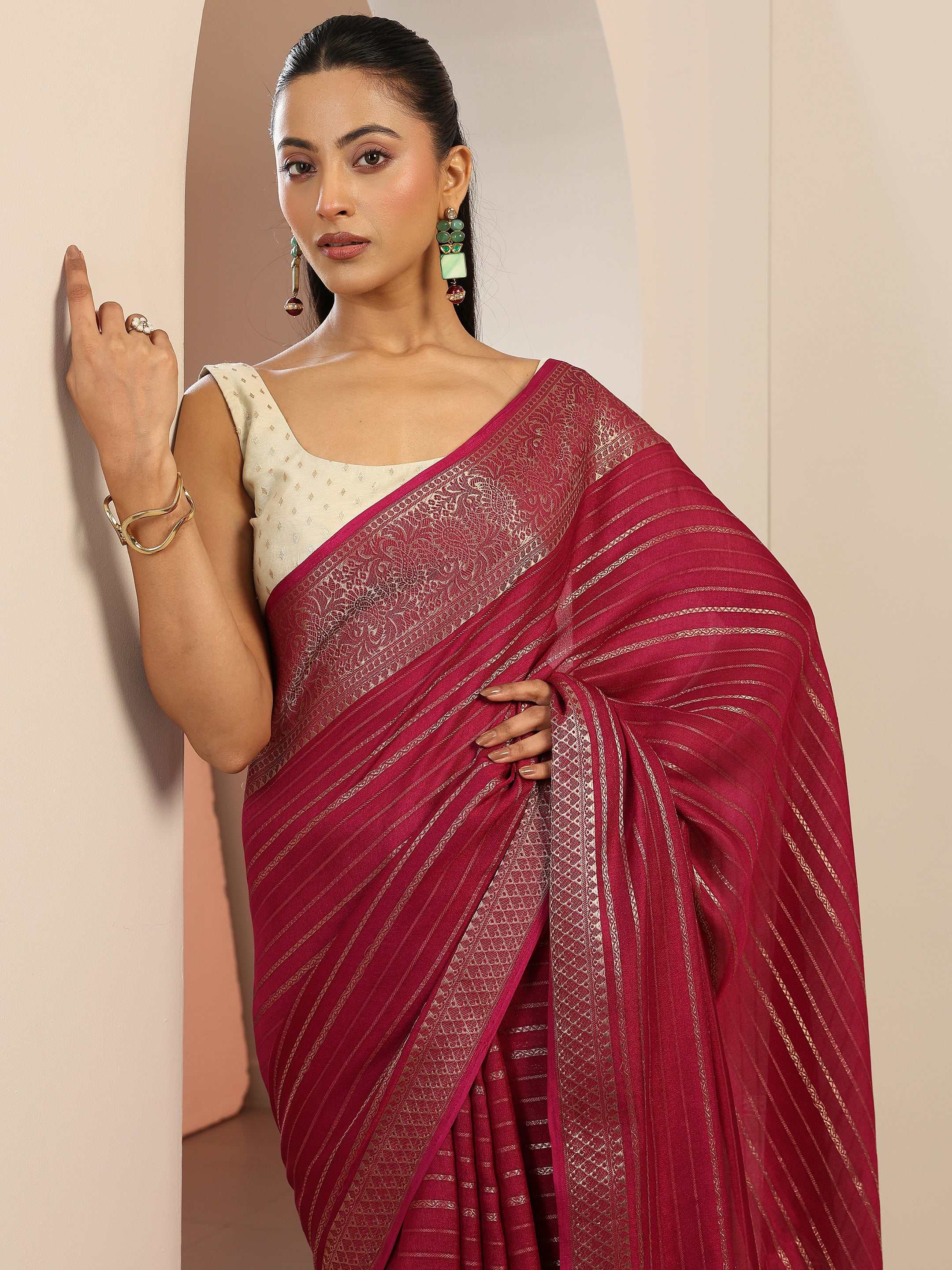 libas Burgundy Woven Design Georgette Saree With Unstitched Blouse Piece-picture-10